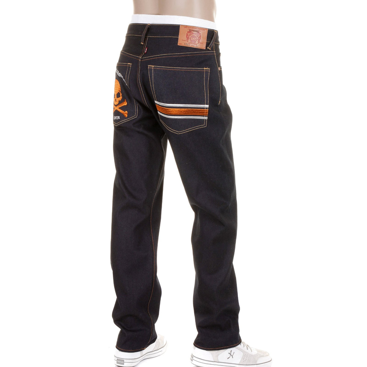 RMC JEANS MODEL 1001 MKWS SLIMMER CUT BURNT ORANGE SKULL AND CROSSBONES RAW DENIM JEANS REDM1153