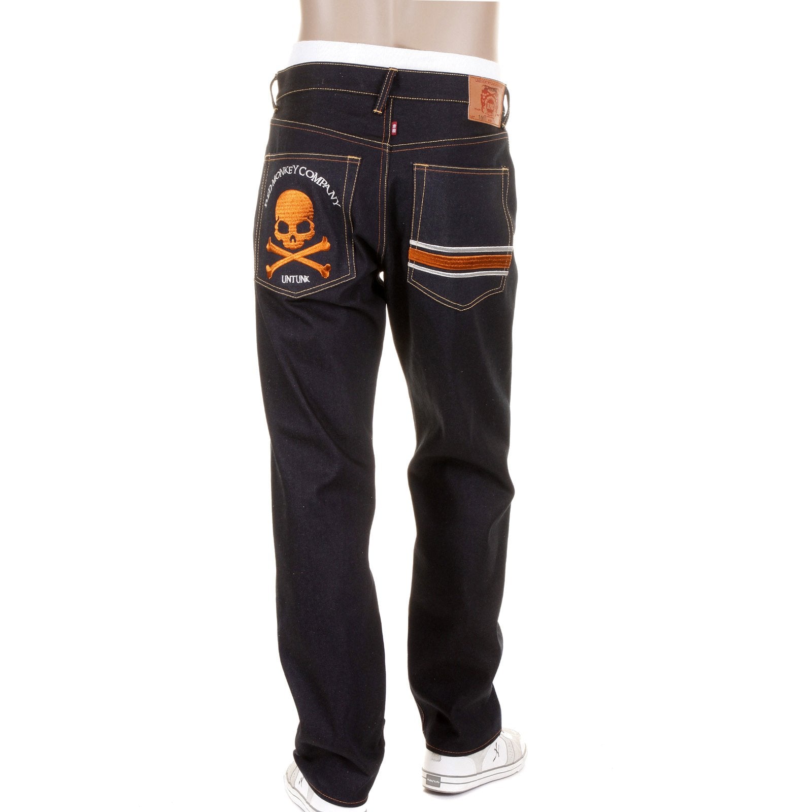 RMC JEANS MODEL 1001 MKWS SLIMMER CUT BURNT ORANGE SKULL AND CROSSBONES RAW DENIM JEANS REDM1153