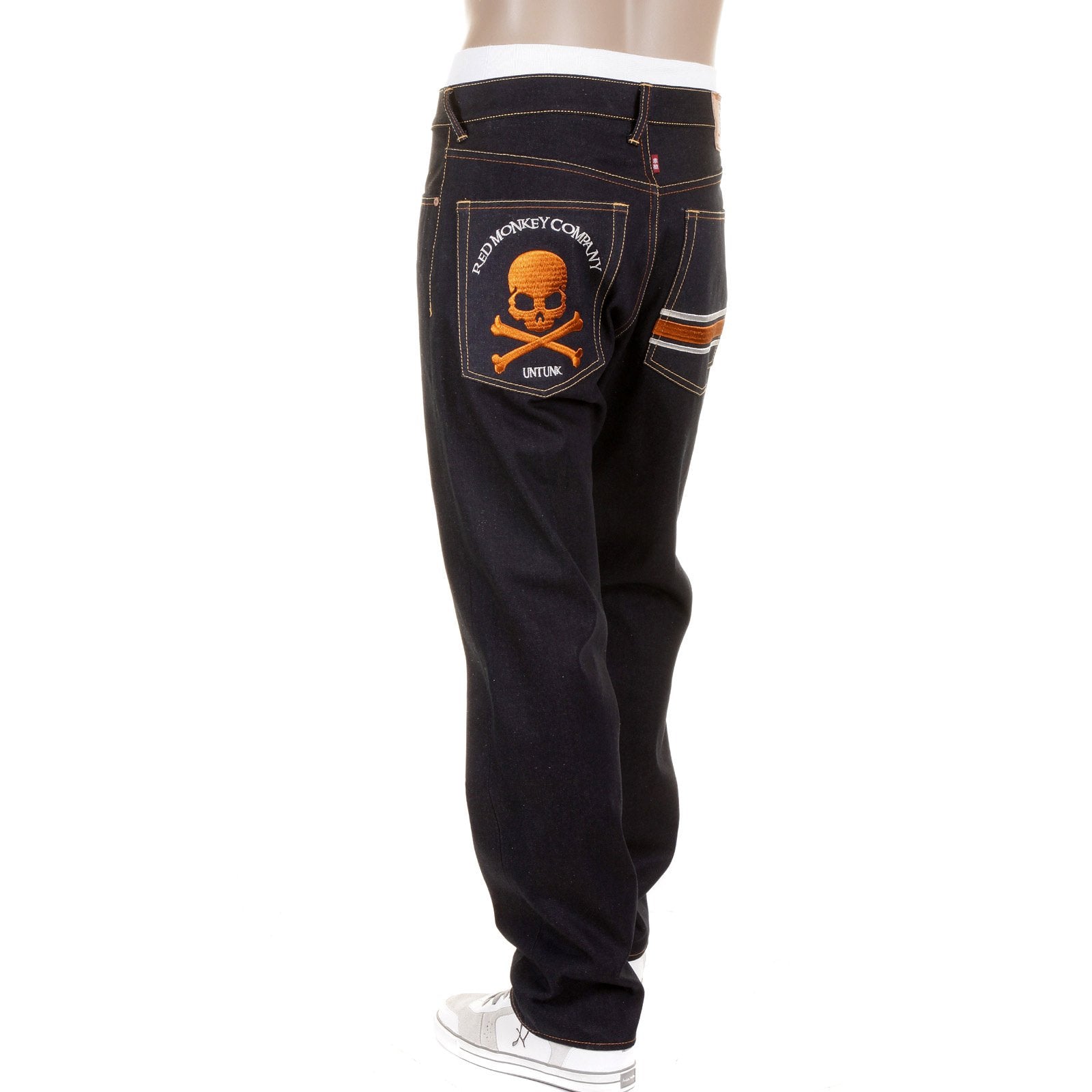 RMC JEANS MODEL 1001 MKWS SLIMMER CUT BURNT ORANGE SKULL AND CROSSBONES RAW DENIM JEANS REDM1153