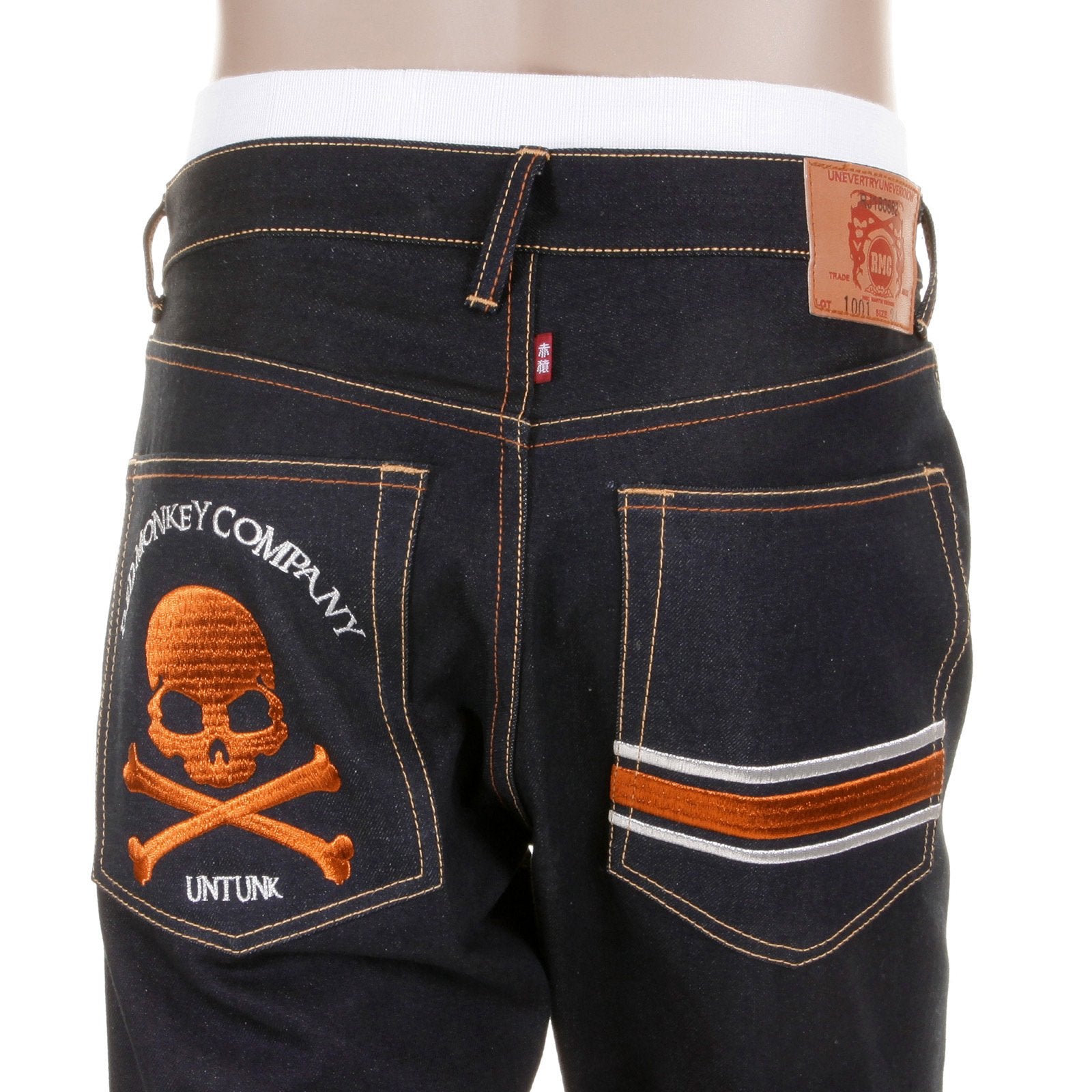 RMC JEANS MODEL 1001 MKWS SLIMMER CUT BURNT ORANGE SKULL AND CROSSBONES RAW DENIM JEANS REDM1153