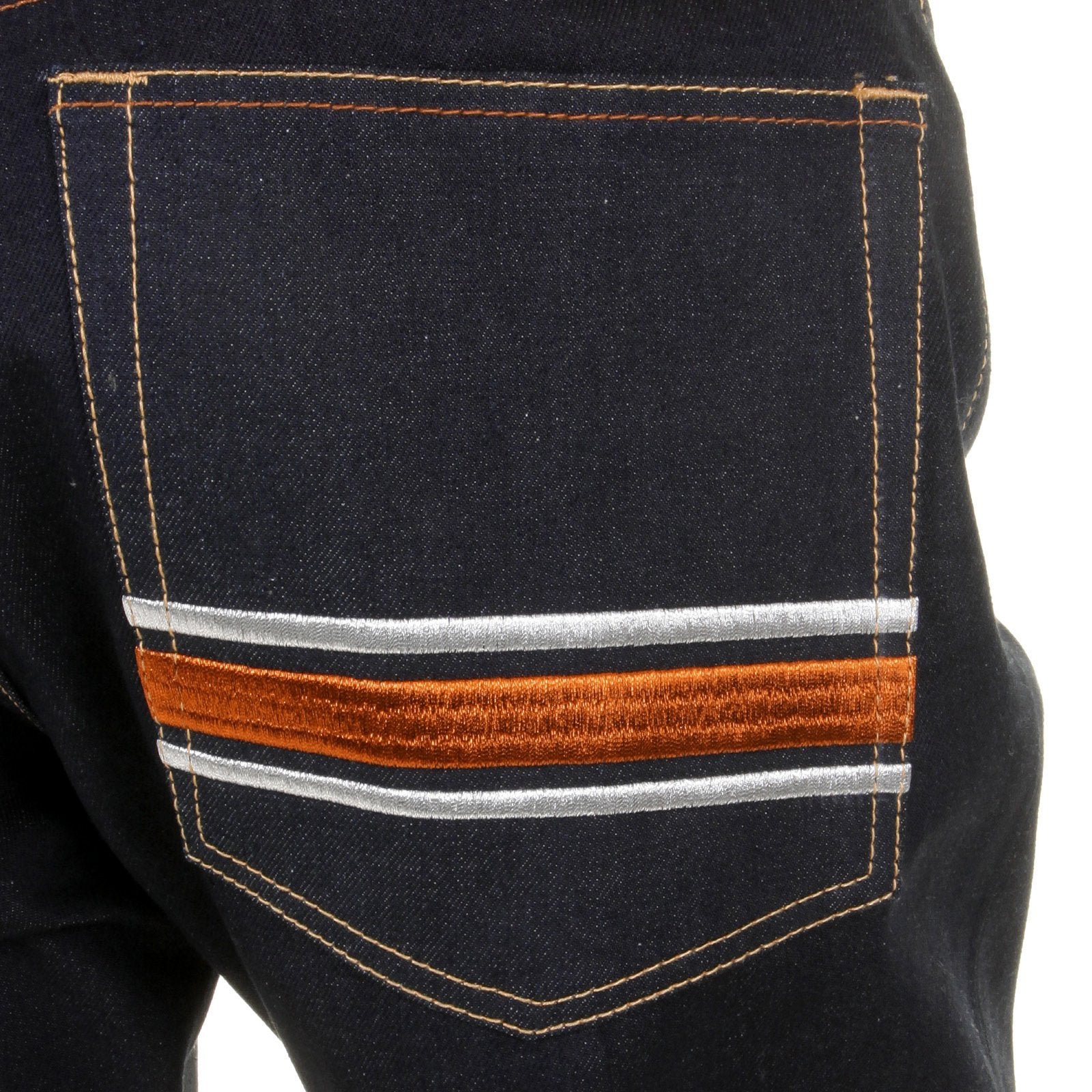 RMC JEANS MODEL 1001 MKWS SLIMMER CUT BURNT ORANGE SKULL AND CROSSBONES RAW DENIM JEANS REDM1153