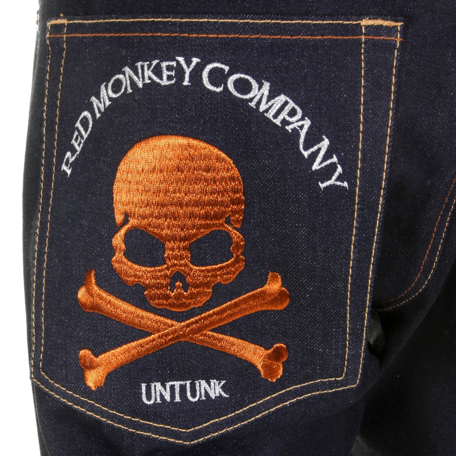 RMC JEANS MODEL 1001 MKWS SLIMMER CUT BURNT ORANGE SKULL AND CROSSBONES RAW DENIM JEANS REDM1153
