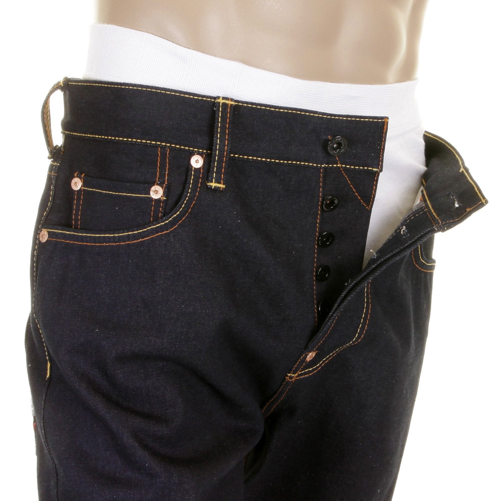 RMC JEANS MODEL 1001 MKWS SLIMMER CUT BURNT ORANGE SKULL AND CROSSBONES RAW DENIM JEANS REDM1153