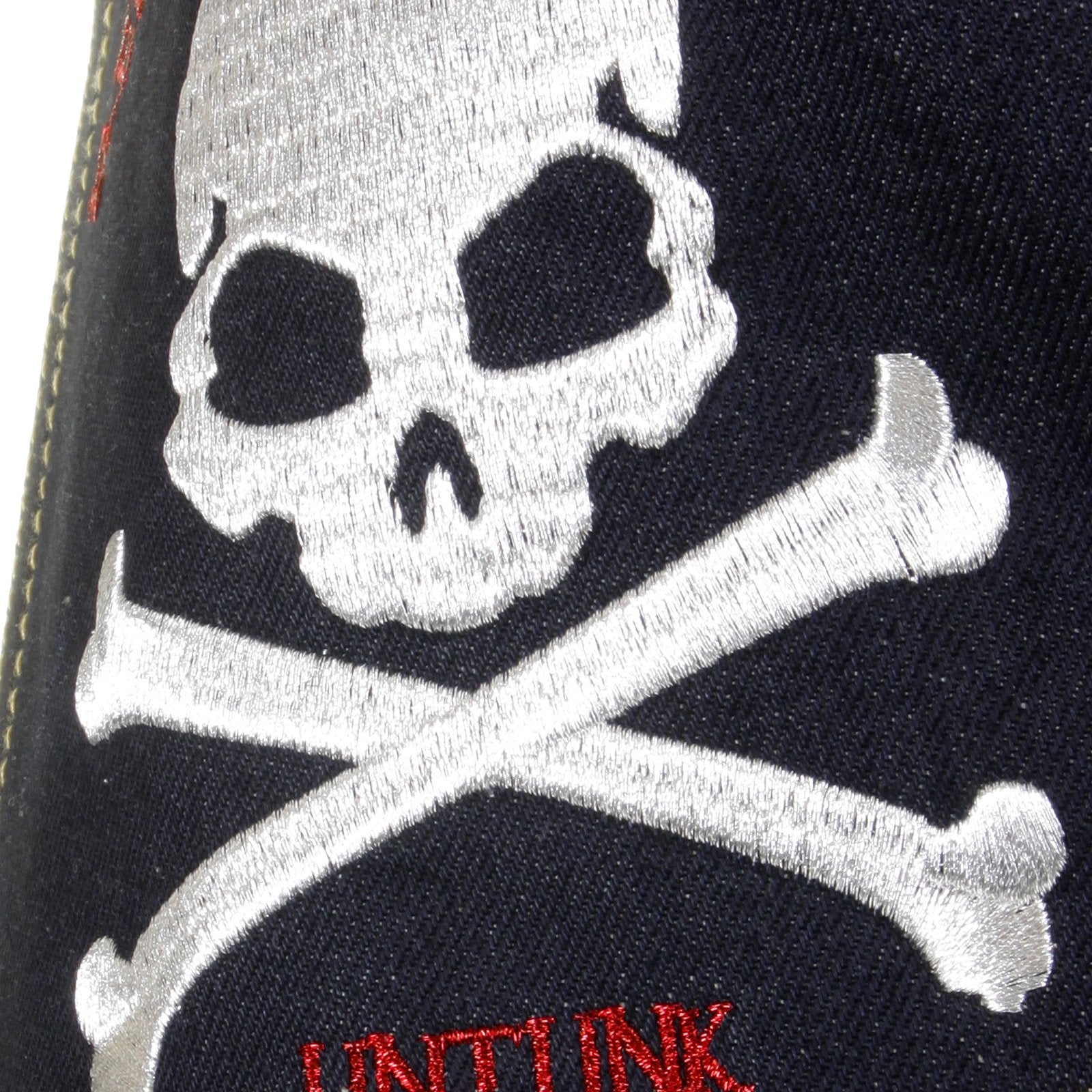RMC JEANS MODEL 1001 SILVER SKULL AND CROSSBONES RAW DENIM SLIM FIT JEANS IN DARK INDIGO REDM1157