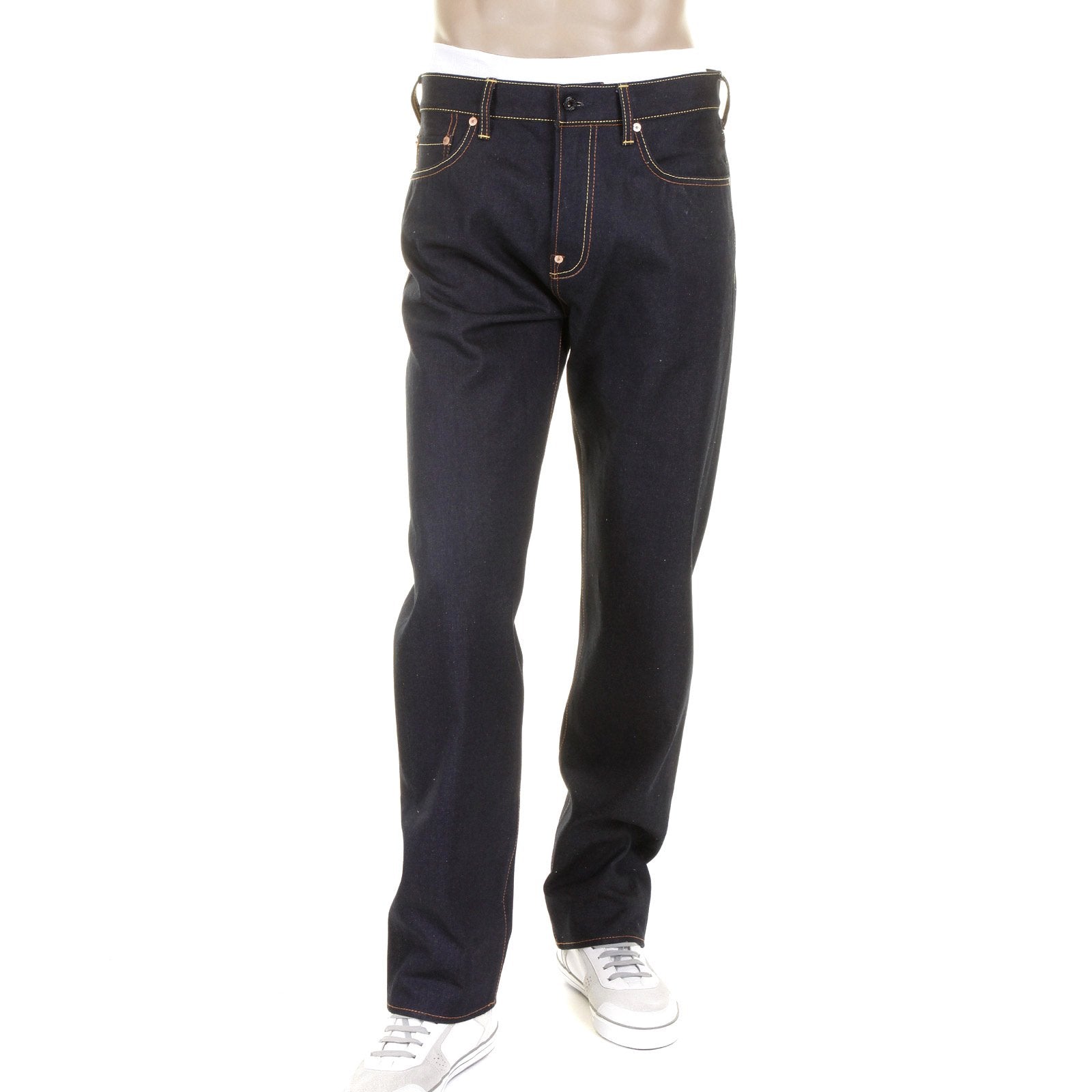 RMC JEANS MODEL 1001 SILVER SKULL AND CROSSBONES RAW DENIM SLIM FIT JEANS IN DARK INDIGO REDM1157