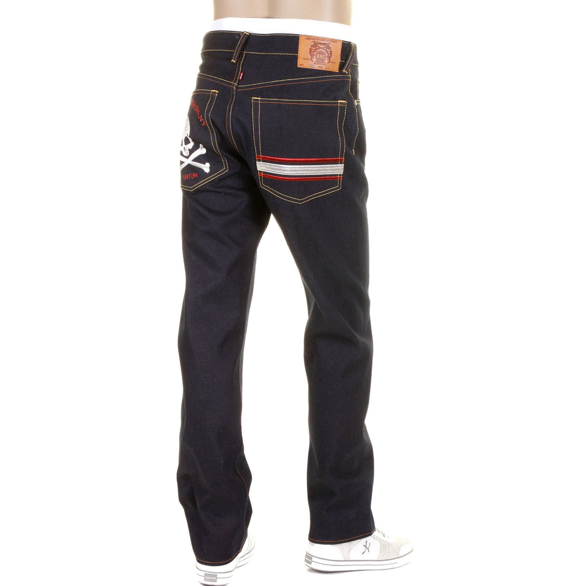 RMC JEANS MODEL 1001 SILVER SKULL AND CROSSBONES RAW DENIM SLIM FIT JEANS IN DARK INDIGO REDM1157