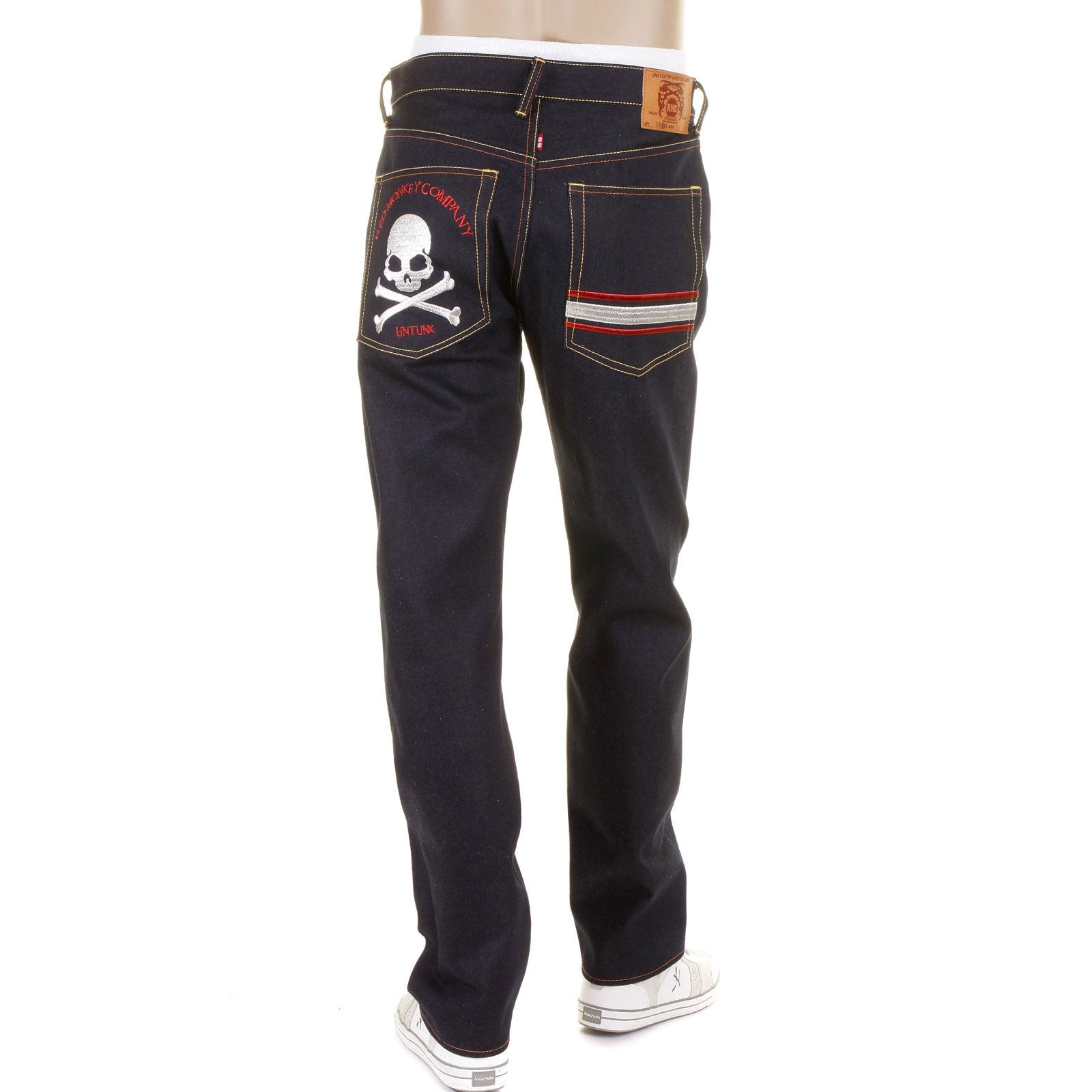 RMC JEANS MODEL 1001 SILVER SKULL AND CROSSBONES RAW DENIM SLIM FIT JEANS IN DARK INDIGO REDM1157