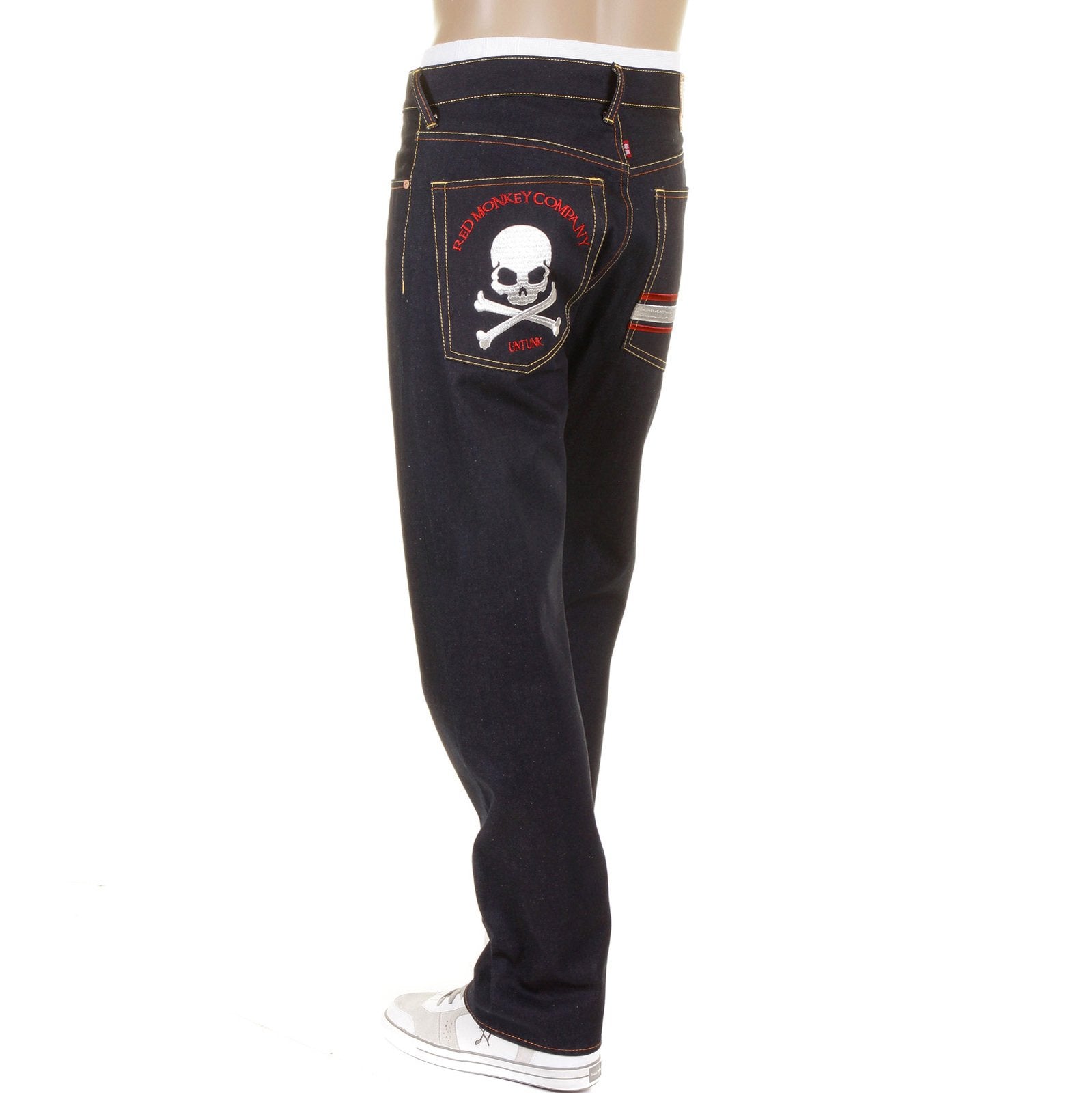 RMC JEANS MODEL 1001 SILVER SKULL AND CROSSBONES RAW DENIM SLIM FIT JEANS IN DARK INDIGO REDM1157