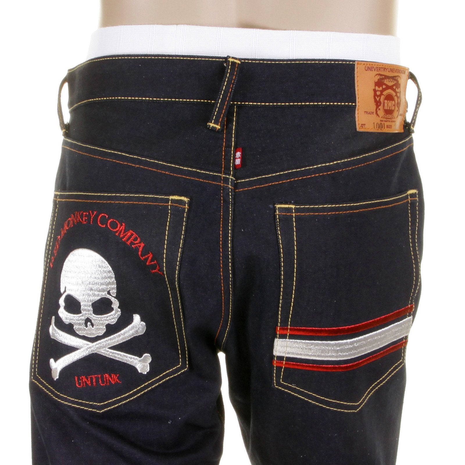 RMC JEANS MODEL 1001 SILVER SKULL AND CROSSBONES RAW DENIM SLIM FIT JEANS IN DARK INDIGO REDM1157