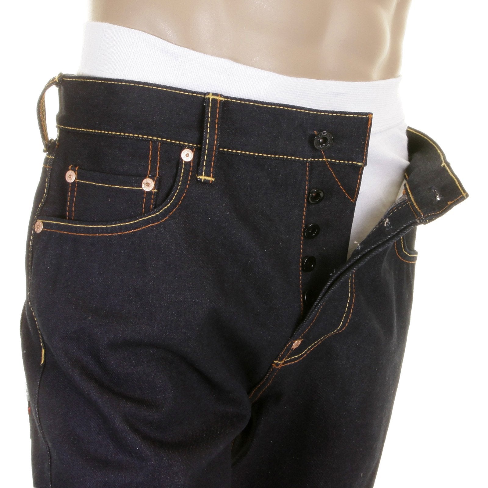 RMC JEANS MODEL 1001 SILVER SKULL AND CROSSBONES RAW DENIM SLIM FIT JEANS IN DARK INDIGO REDM1157