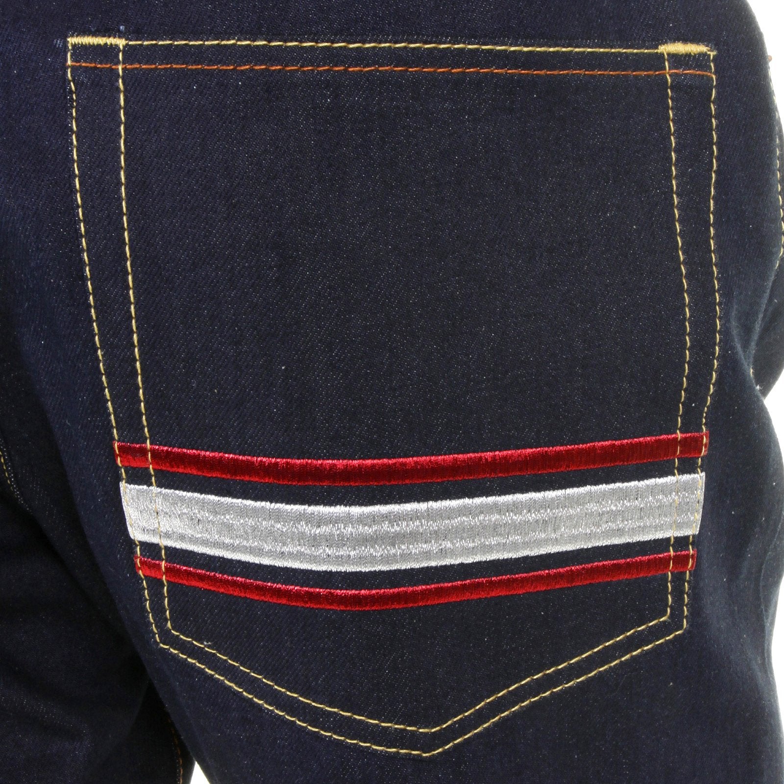 RMC JEANS MODEL 1001 SILVER SKULL AND CROSSBONES RAW DENIM SLIM FIT JEANS IN DARK INDIGO REDM1157