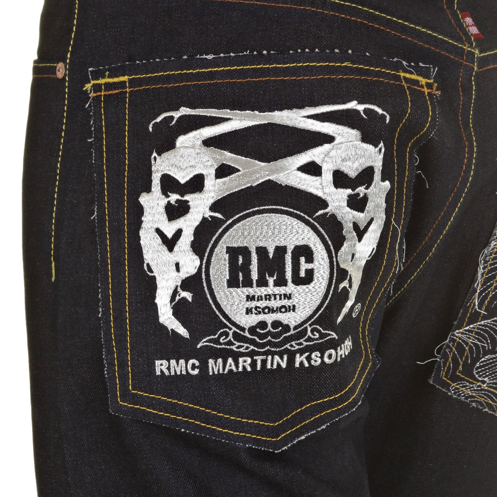 RMC MODEL 1001 SLIMMER CUT SILVER LOGO AND TSUNAMI WAVE DARK INDIGO SELVEDGE RAW DENIM JEANS REDM0239