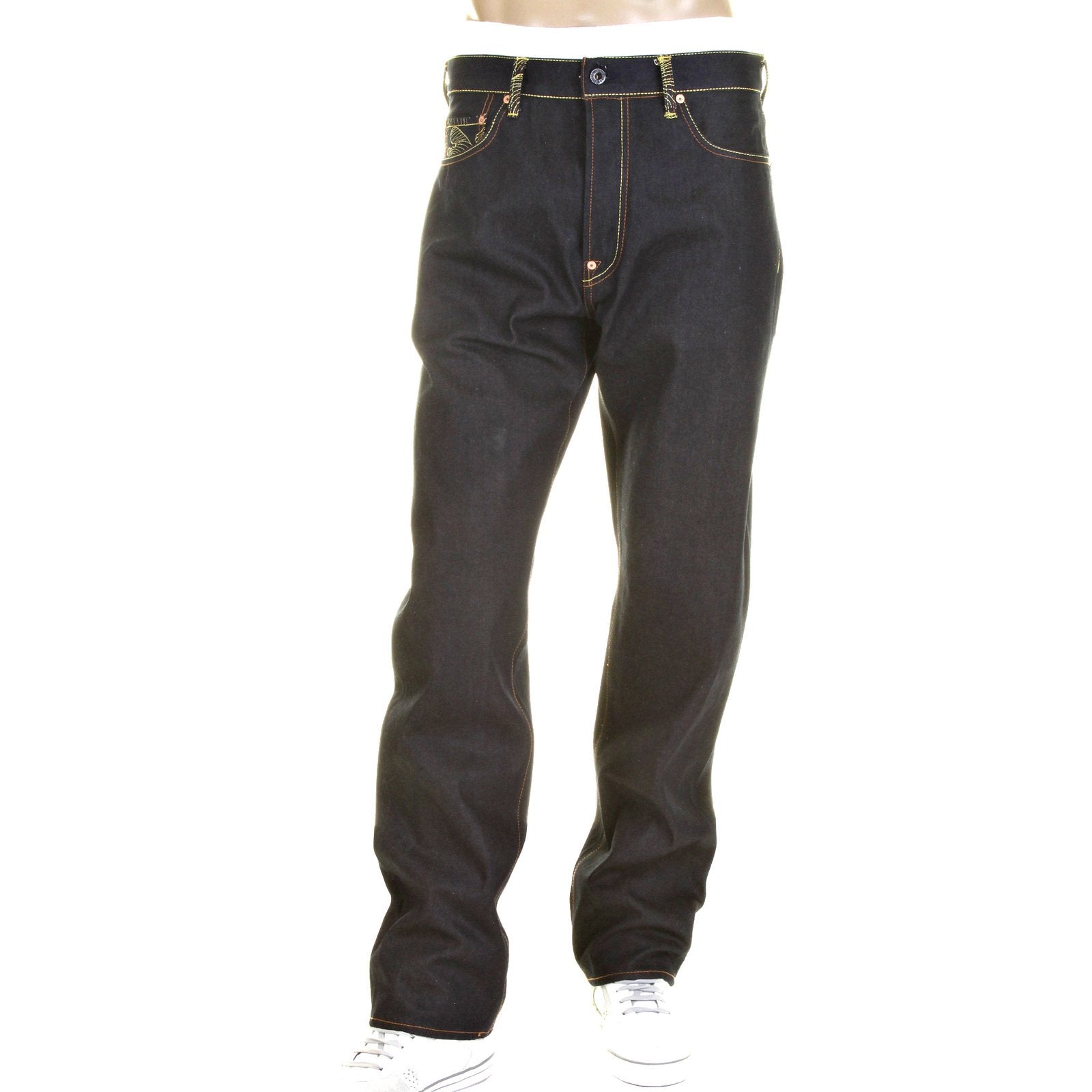 RMC MODEL 1001 SLIMMER CUT SILVER LOGO AND TSUNAMI WAVE DARK INDIGO SELVEDGE RAW DENIM JEANS REDM0239