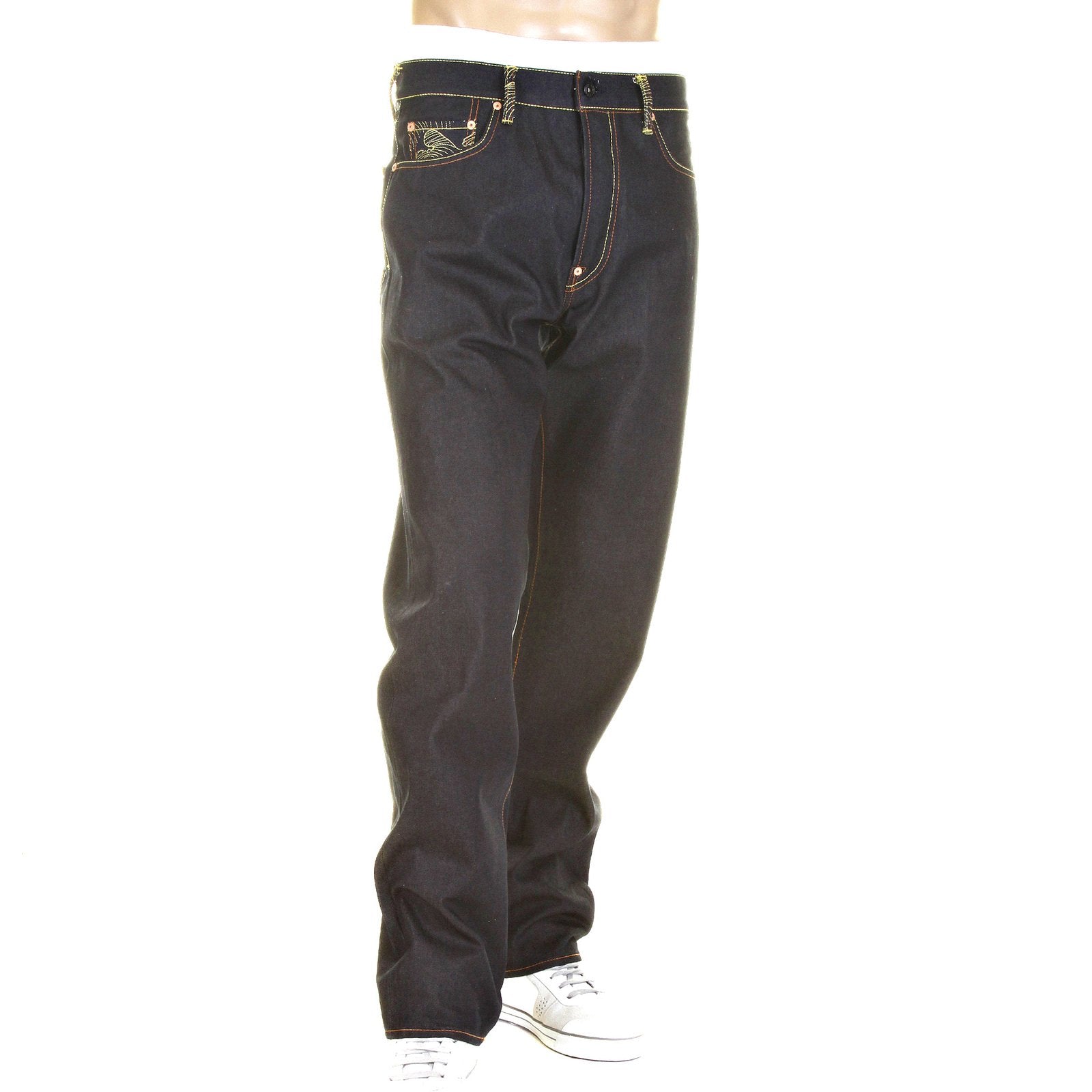 RMC MODEL 1001 SLIMMER CUT SILVER LOGO AND TSUNAMI WAVE DARK INDIGO SELVEDGE RAW DENIM JEANS REDM0239