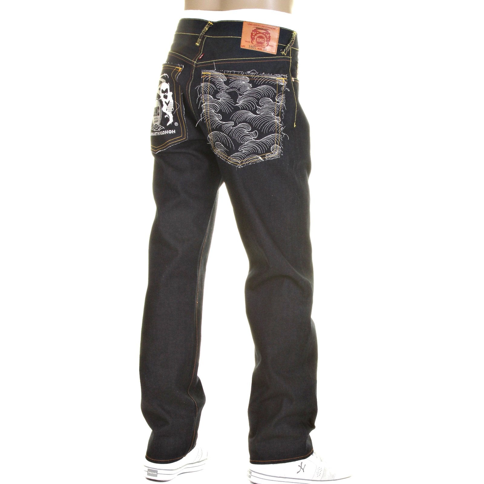 RMC MODEL 1001 SLIMMER CUT SILVER LOGO AND TSUNAMI WAVE DARK INDIGO SELVEDGE RAW DENIM JEANS REDM0239