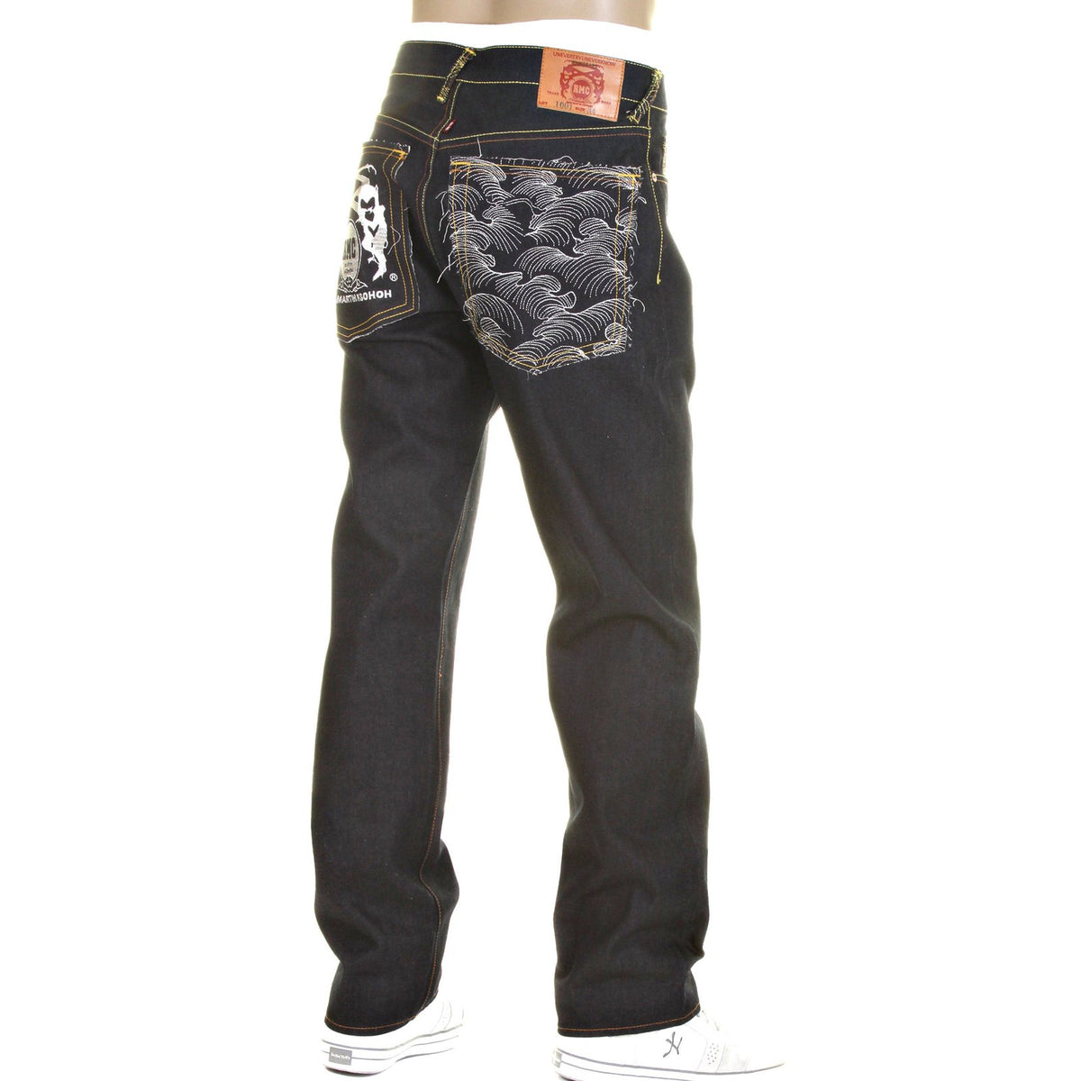 RMC MODEL 1001 SLIMMER CUT SILVER LOGO AND TSUNAMI WAVE DARK INDIGO SELVEDGE RAW DENIM JEANS REDM0239