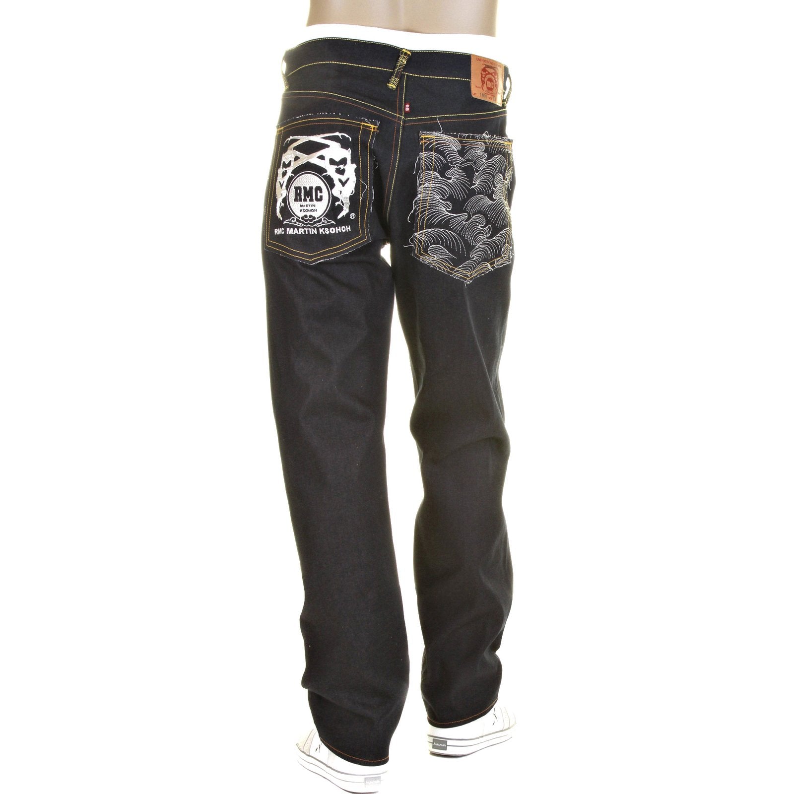 RMC MODEL 1001 SLIMMER CUT SILVER LOGO AND TSUNAMI WAVE DARK INDIGO SELVEDGE RAW DENIM JEANS REDM0239