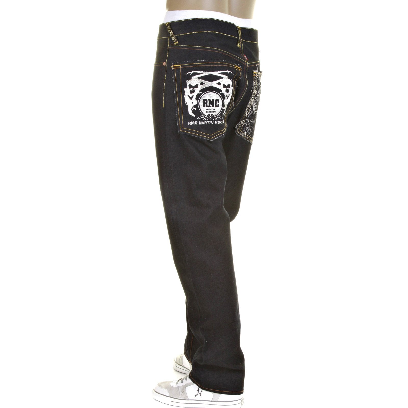 RMC MODEL 1001 SLIMMER CUT SILVER LOGO AND TSUNAMI WAVE DARK INDIGO SELVEDGE RAW DENIM JEANS REDM0239