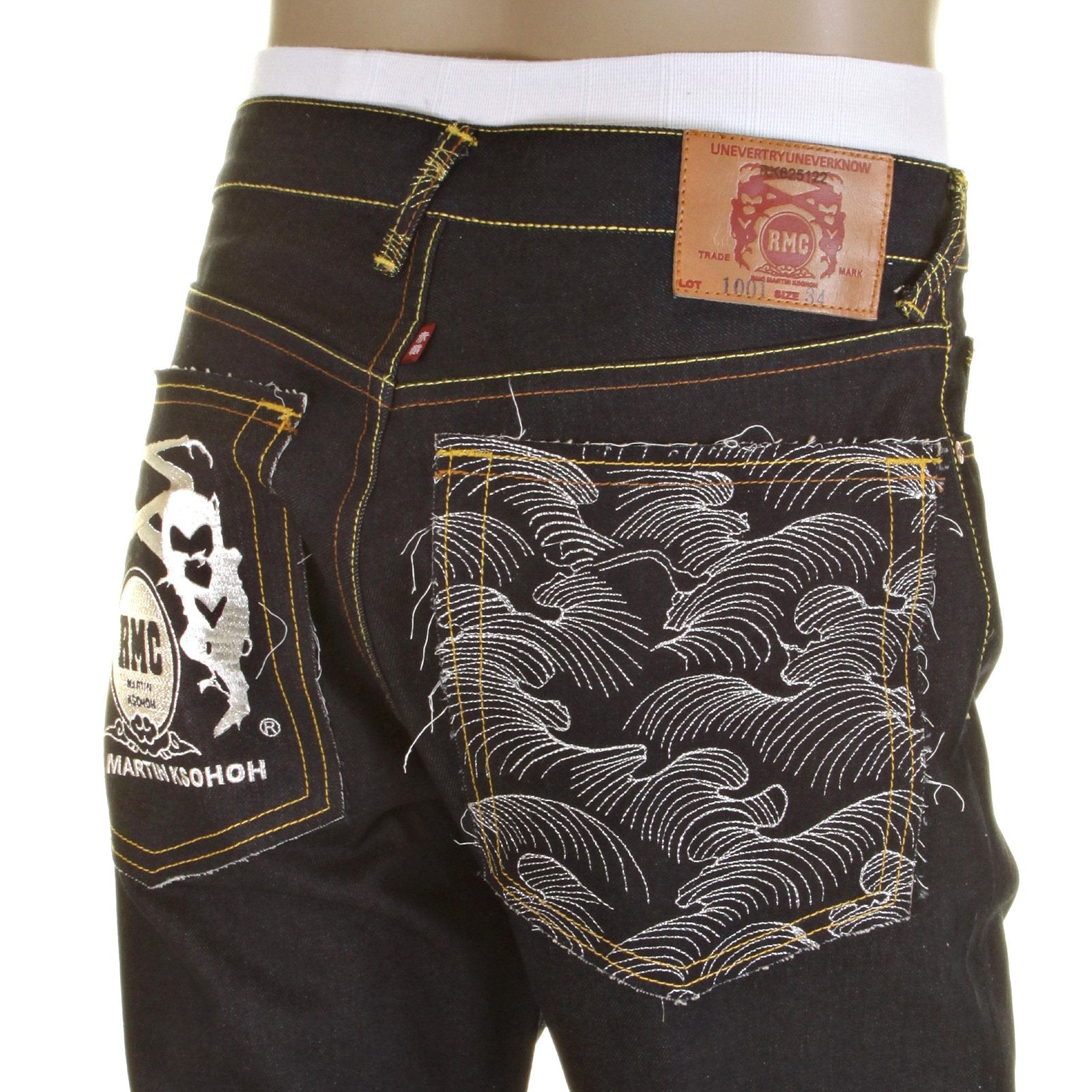 RMC MODEL 1001 SLIMMER CUT SILVER LOGO AND TSUNAMI WAVE DARK INDIGO SELVEDGE RAW DENIM JEANS REDM0239