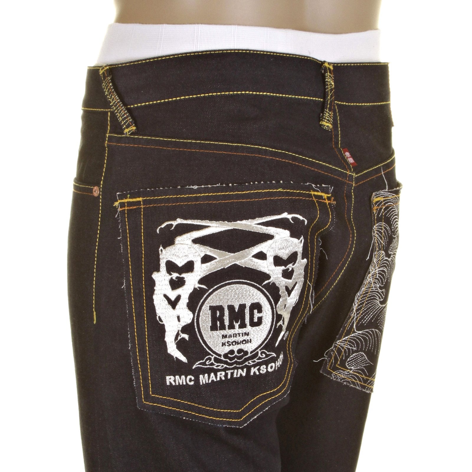RMC MODEL 1001 SLIMMER CUT SILVER LOGO AND TSUNAMI WAVE DARK INDIGO SELVEDGE RAW DENIM JEANS REDM0239