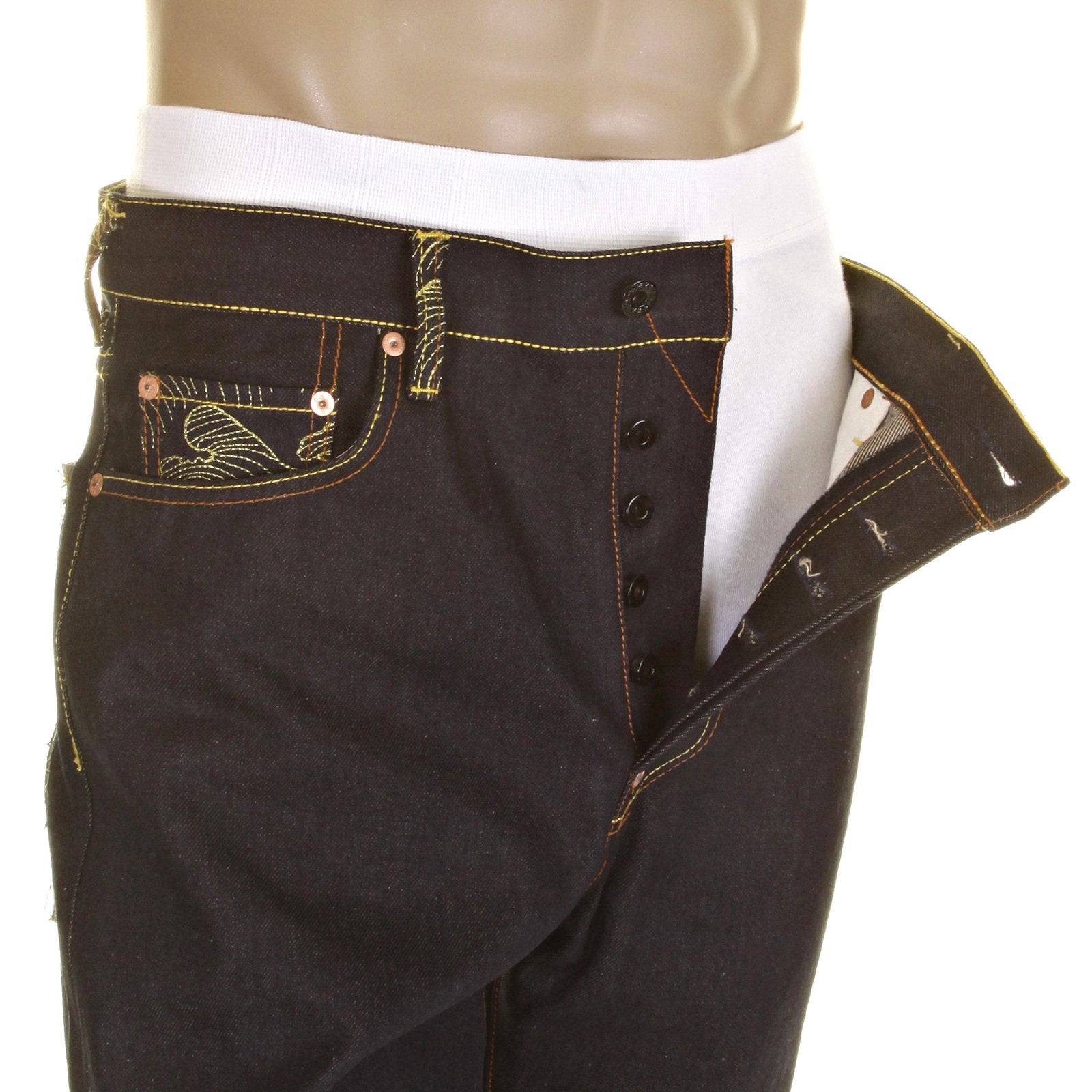 RMC MODEL 1001 SLIMMER CUT SILVER LOGO AND TSUNAMI WAVE DARK INDIGO SELVEDGE RAW DENIM JEANS REDM0239
