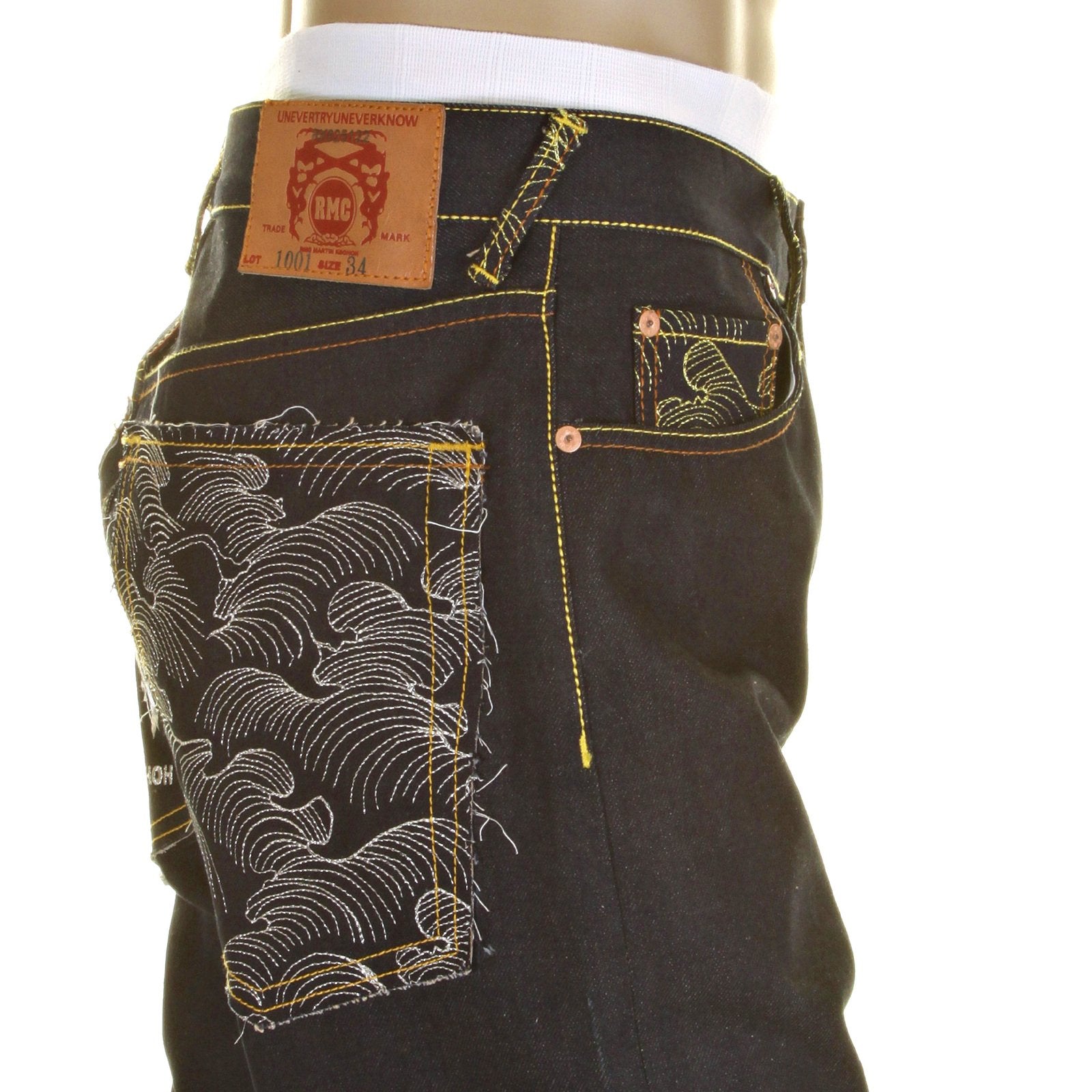 RMC MODEL 1001 SLIMMER CUT SILVER LOGO AND TSUNAMI WAVE DARK INDIGO SELVEDGE RAW DENIM JEANS REDM0239