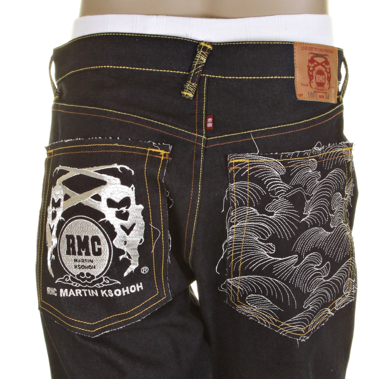 RMC MODEL 1001 SLIMMER CUT SILVER LOGO AND TSUNAMI WAVE DARK INDIGO SELVEDGE RAW DENIM JEANS REDM0239