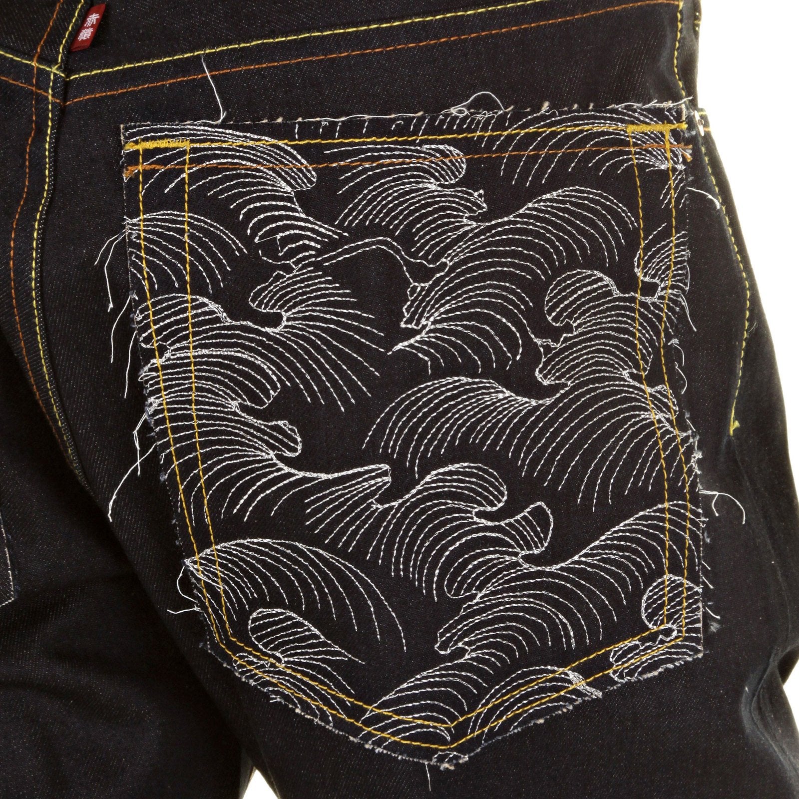 RMC MODEL 1001 SLIMMER CUT SILVER LOGO AND TSUNAMI WAVE DARK INDIGO SELVEDGE RAW DENIM JEANS REDM0239