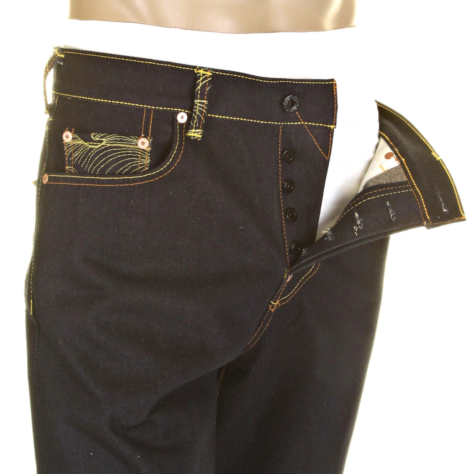RMC YELLOW LOGO AND TSUNAMI WAVE DARK INDIGO SLIMMER CUT 1001 MODEL RAW SELVEDGE DENIM JEANS REDM0176