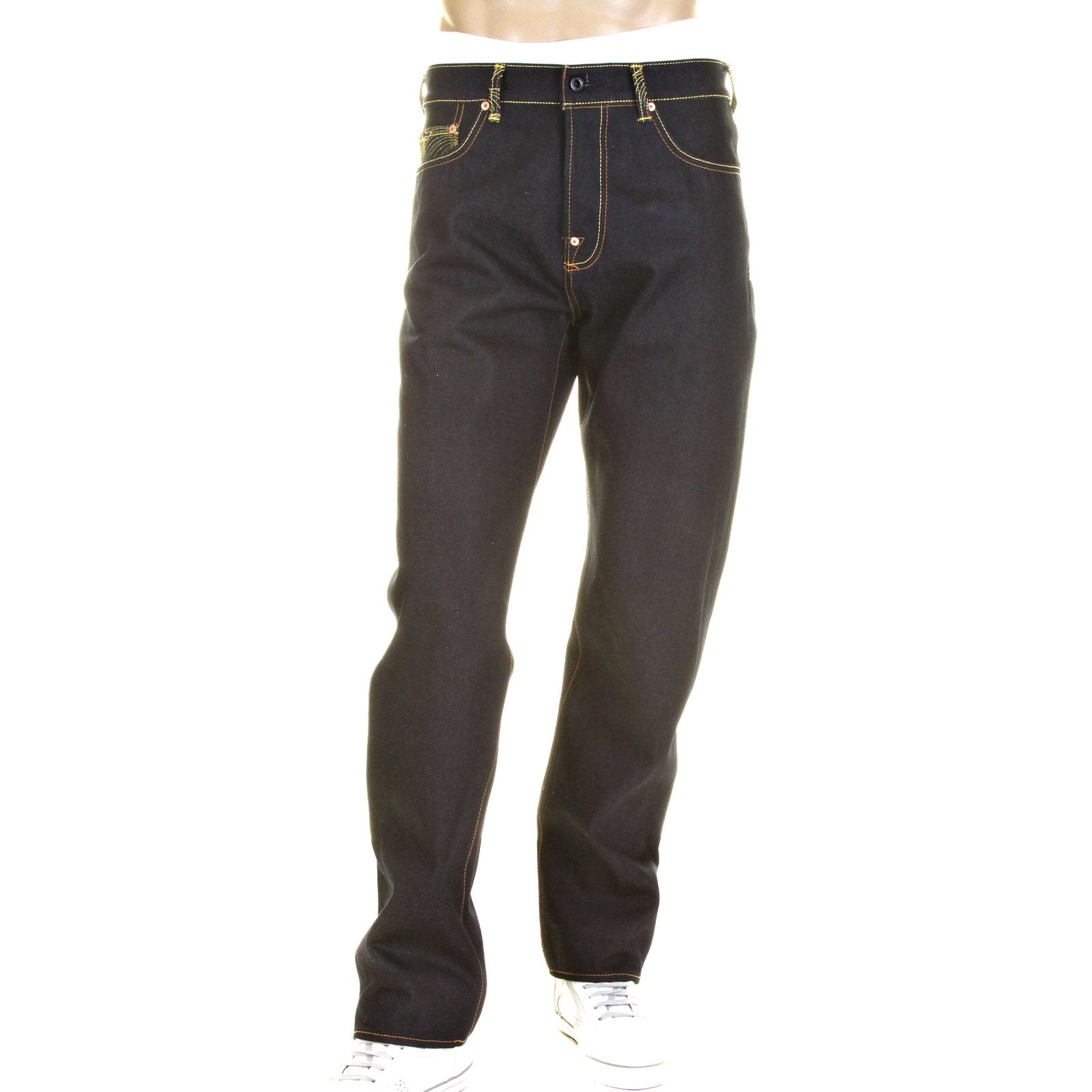 RMC YELLOW LOGO AND TSUNAMI WAVE DARK INDIGO SLIMMER CUT 1001 MODEL RAW SELVEDGE DENIM JEANS REDM0176