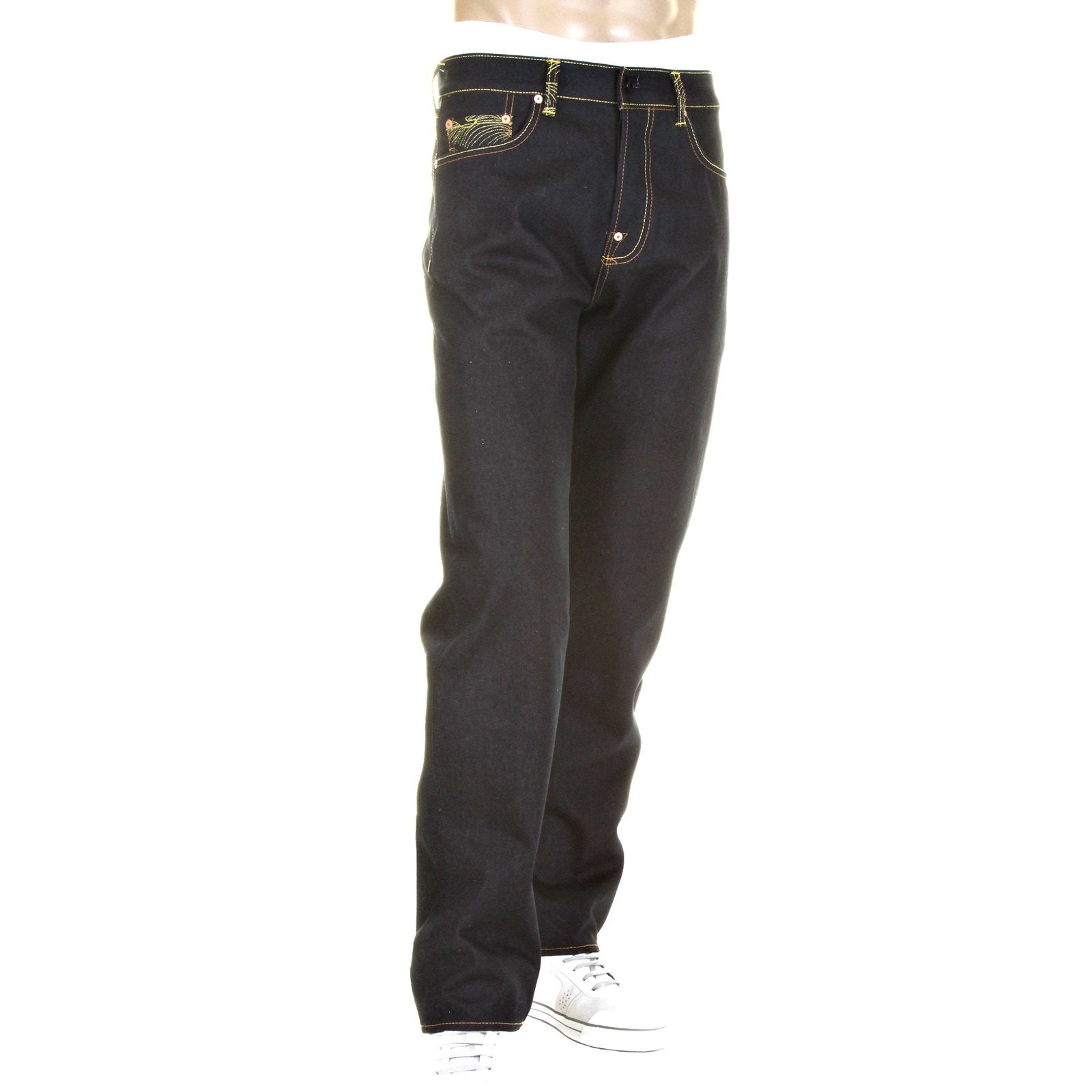 RMC YELLOW LOGO AND TSUNAMI WAVE DARK INDIGO SLIMMER CUT 1001 MODEL RAW SELVEDGE DENIM JEANS REDM0176