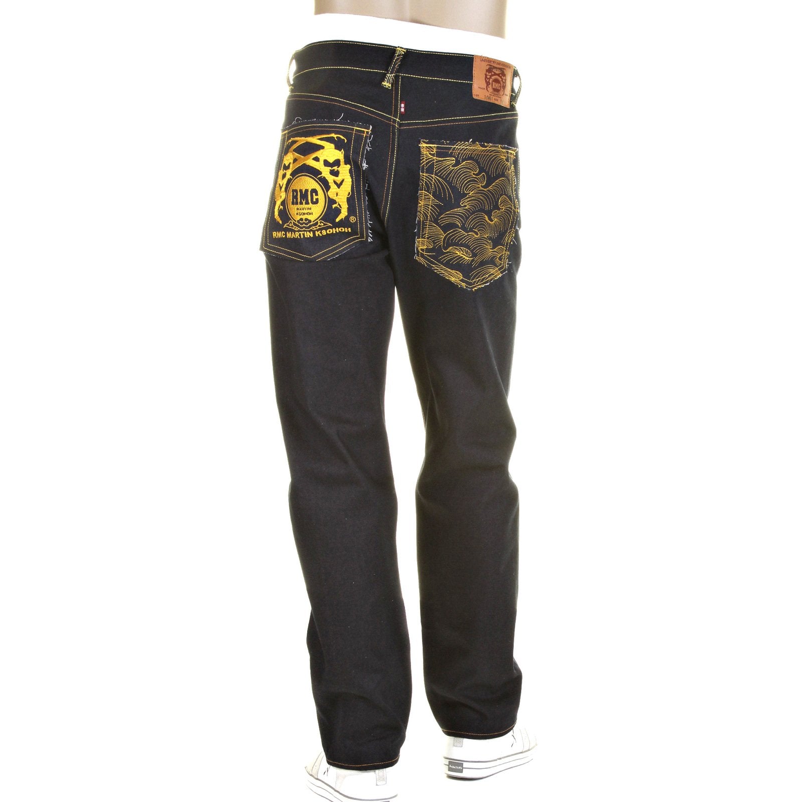 RMC YELLOW LOGO AND TSUNAMI WAVE DARK INDIGO SLIMMER CUT 1001 MODEL RAW SELVEDGE DENIM JEANS REDM0176
