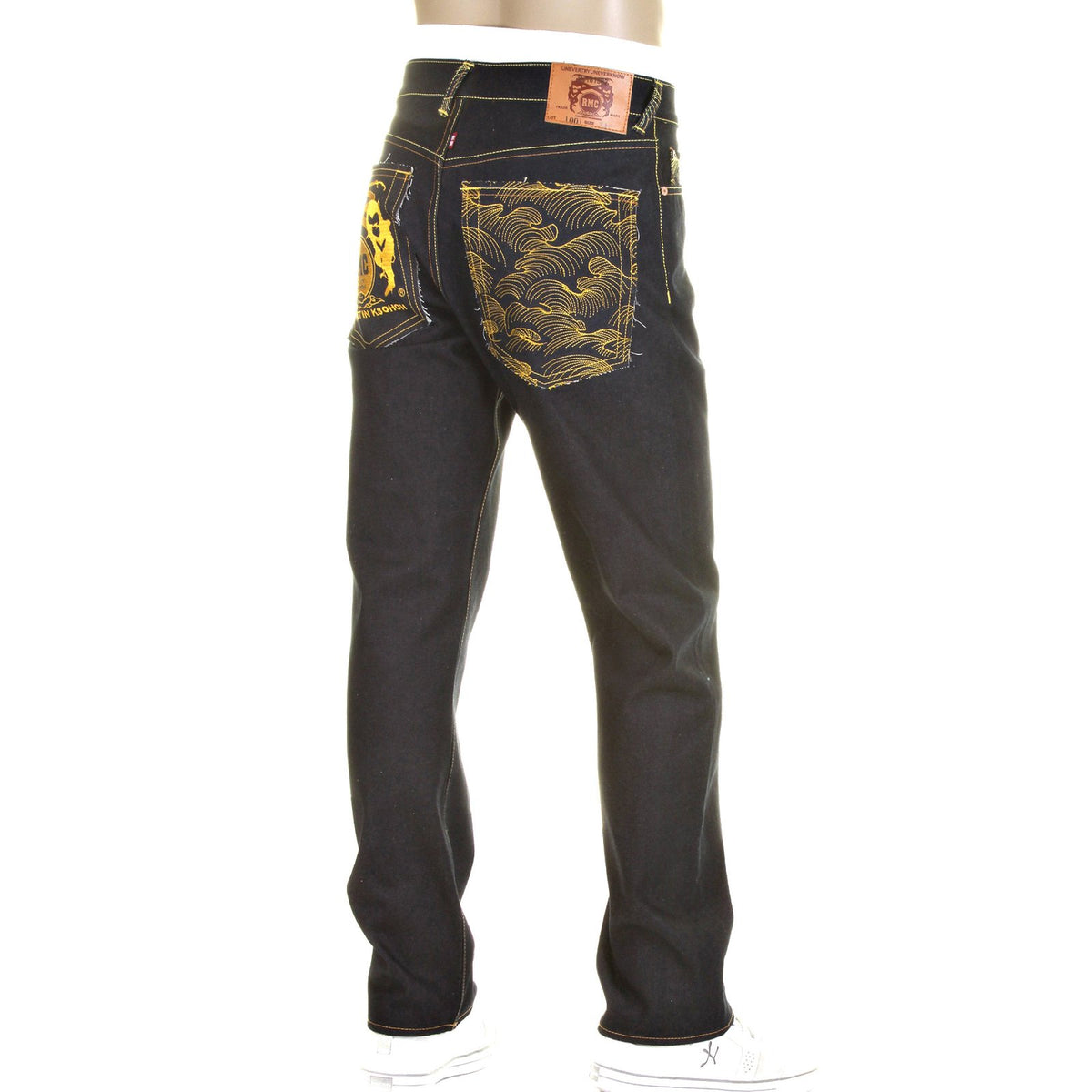RMC YELLOW LOGO AND TSUNAMI WAVE DARK INDIGO SLIMMER CUT 1001 MODEL RAW SELVEDGE DENIM JEANS REDM0176