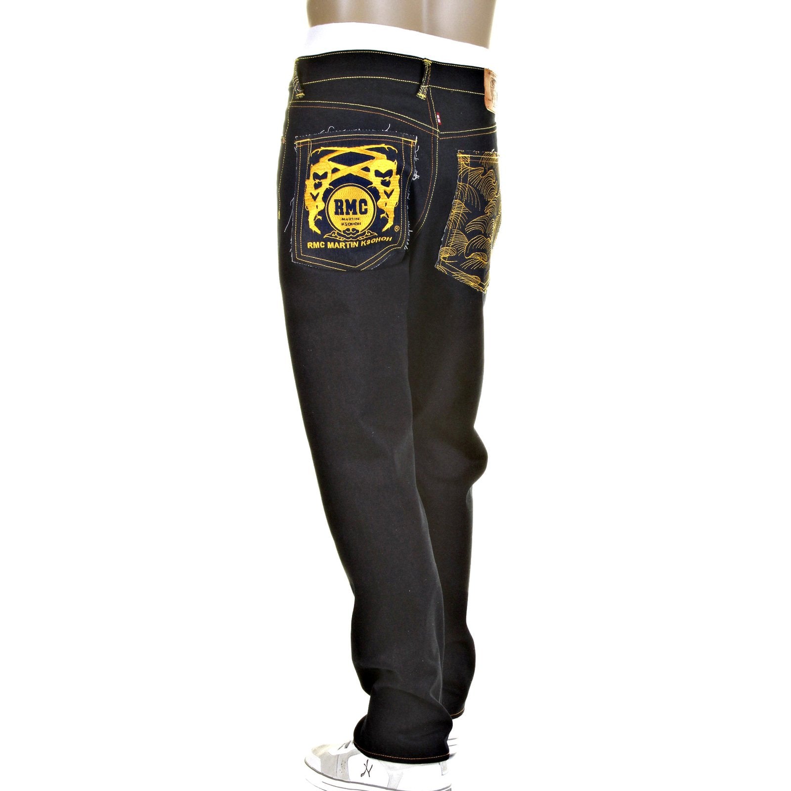 RMC YELLOW LOGO AND TSUNAMI WAVE DARK INDIGO SLIMMER CUT 1001 MODEL RAW SELVEDGE DENIM JEANS REDM0176