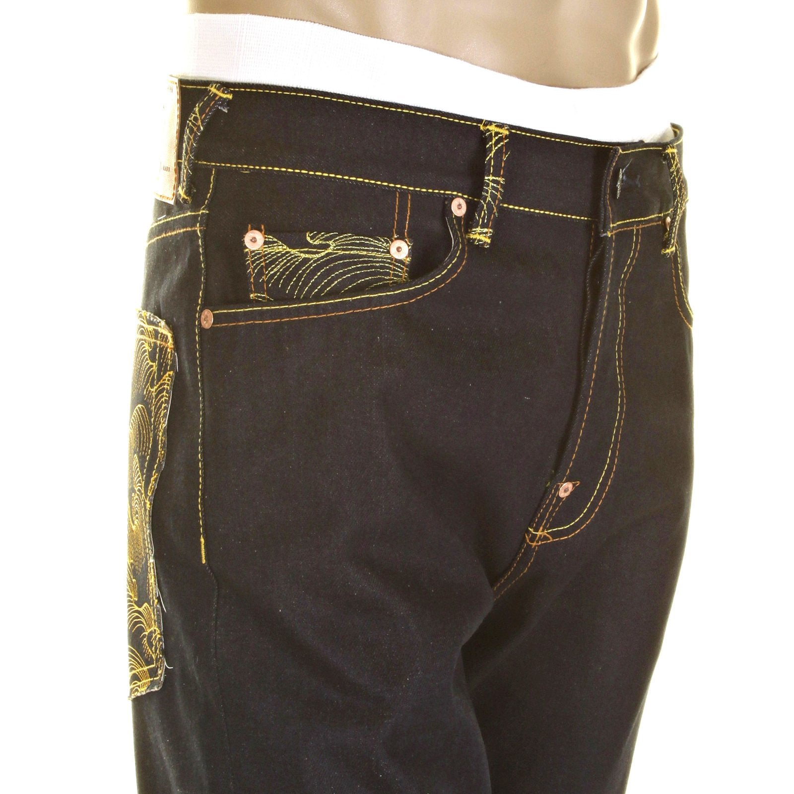 RMC YELLOW LOGO AND TSUNAMI WAVE DARK INDIGO SLIMMER CUT 1001 MODEL RAW SELVEDGE DENIM JEANS REDM0176