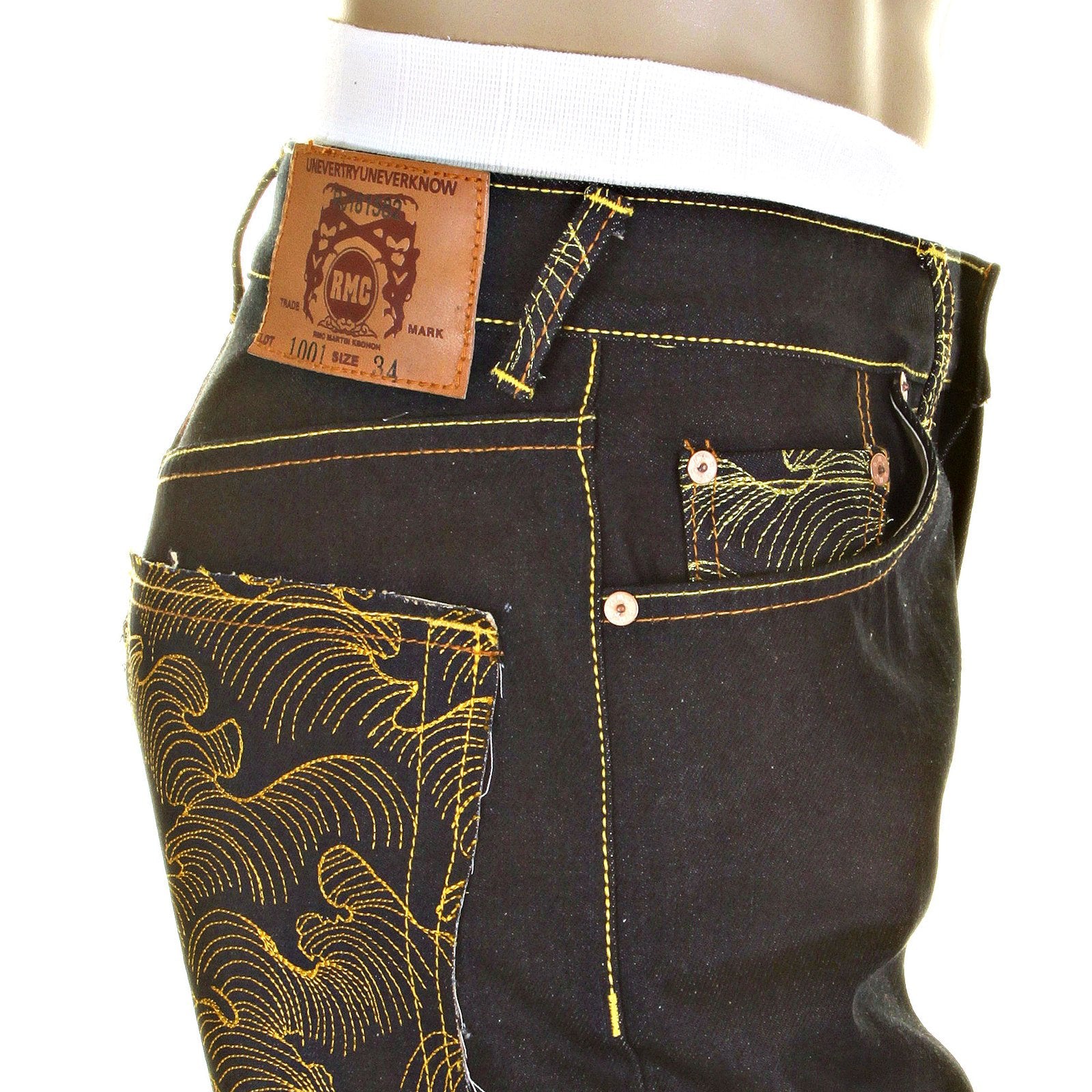 RMC YELLOW LOGO AND TSUNAMI WAVE DARK INDIGO SLIMMER CUT 1001 MODEL RAW SELVEDGE DENIM JEANS REDM0176