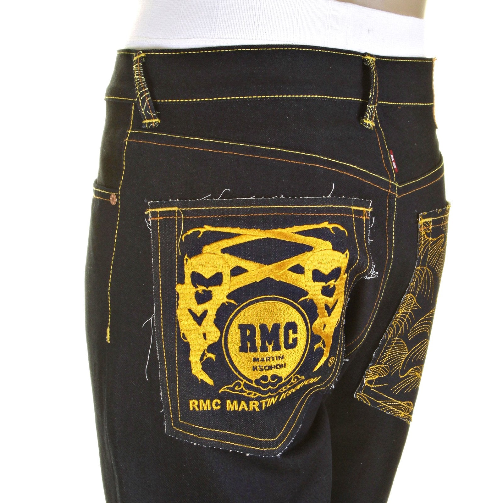 RMC YELLOW LOGO AND TSUNAMI WAVE DARK INDIGO SLIMMER CUT 1001 MODEL RAW SELVEDGE DENIM JEANS REDM0176