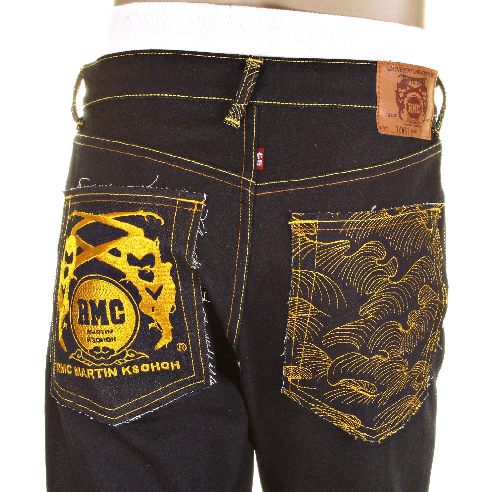 RMC YELLOW LOGO AND TSUNAMI WAVE DARK INDIGO SLIMMER CUT 1001 MODEL RAW SELVEDGE DENIM JEANS REDM0176