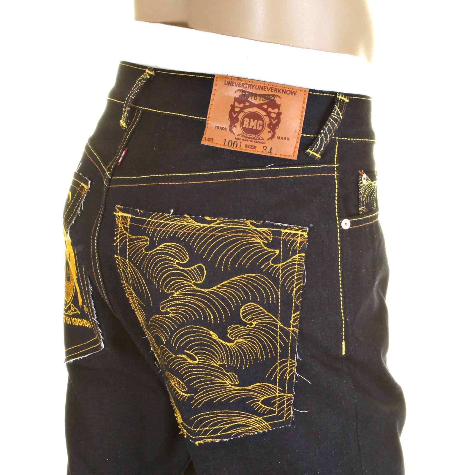 RMC YELLOW LOGO AND TSUNAMI WAVE DARK INDIGO SLIMMER CUT 1001 MODEL RAW SELVEDGE DENIM JEANS REDM0176