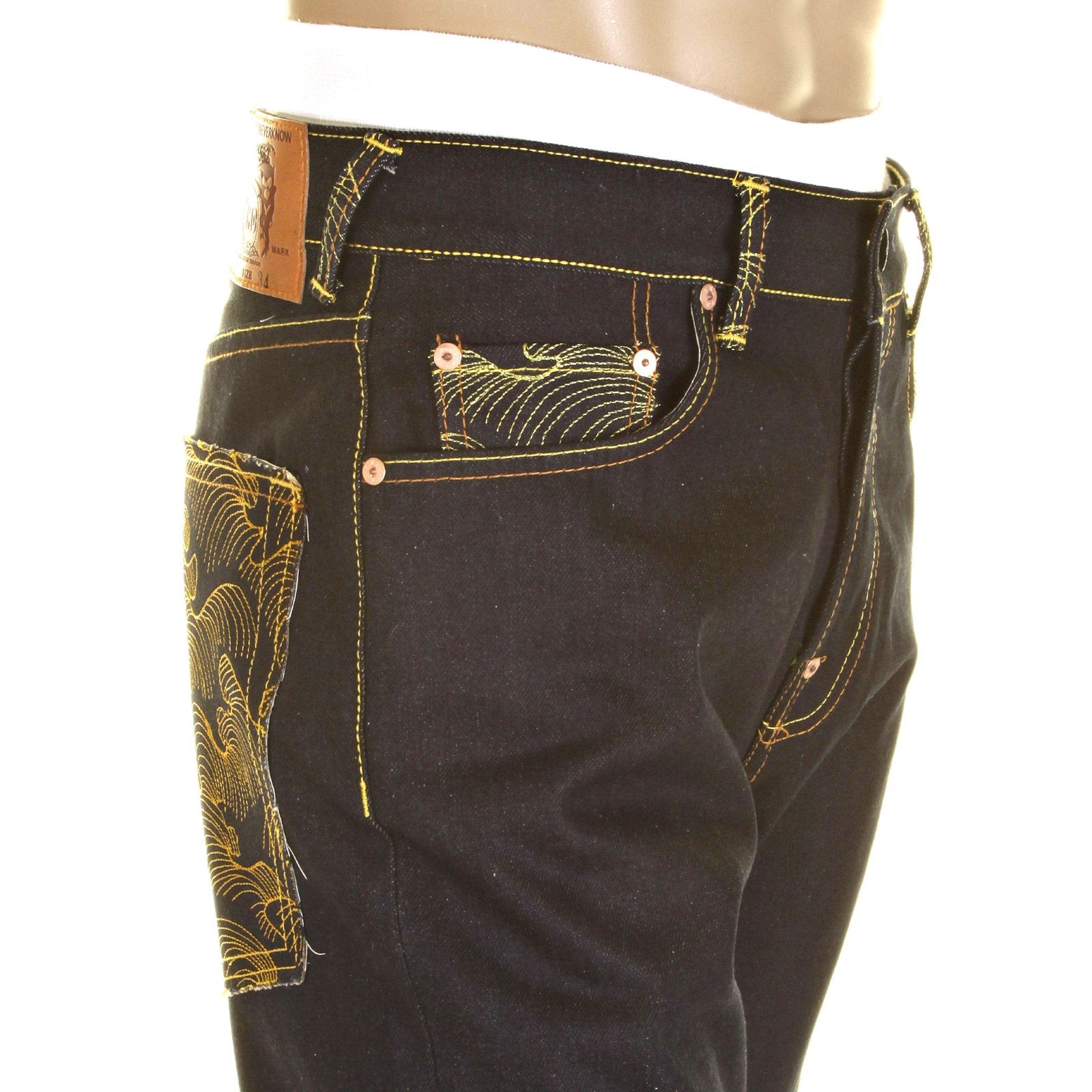 RMC YELLOW LOGO AND TSUNAMI WAVE DARK INDIGO SLIMMER CUT 1001 MODEL RAW SELVEDGE DENIM JEANS REDM0176