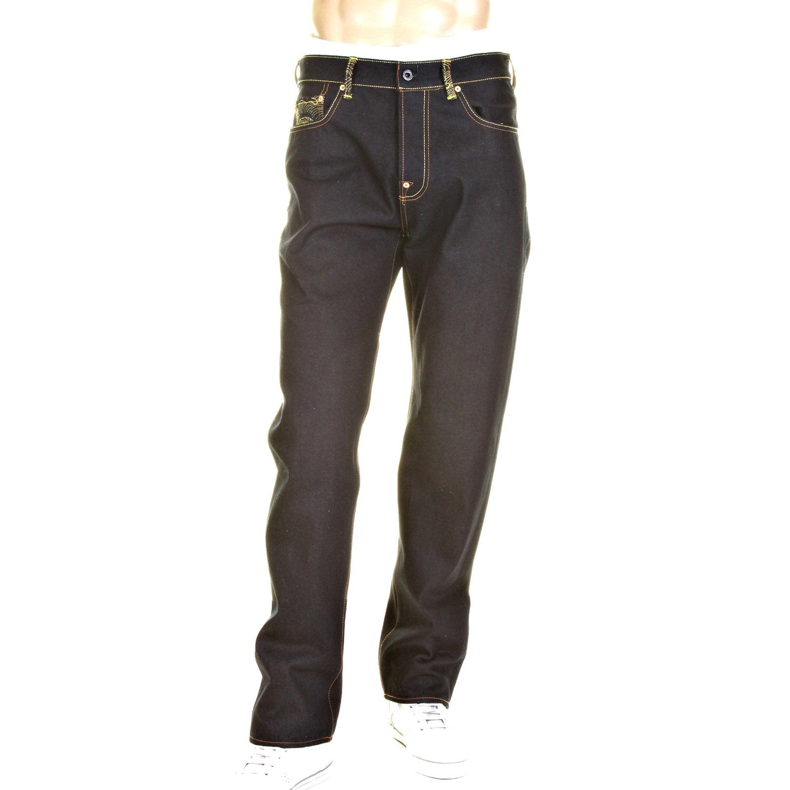 RMC JEANS GREEN LOGO AND TSUNAMI WAVE DARK INDIGO 11030 SLIMMER CUT RAW SELVEDGE DENIM JEANS REDM0096
