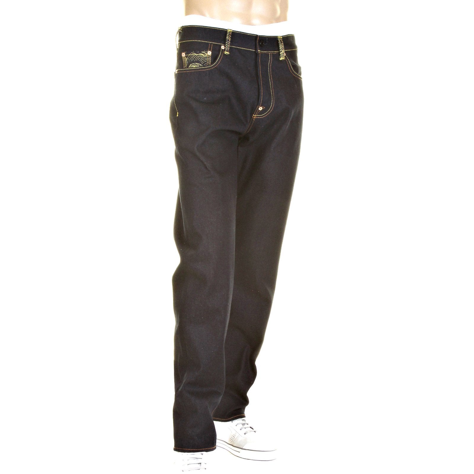 RMC JEANS GREEN LOGO AND TSUNAMI WAVE DARK INDIGO 11030 SLIMMER CUT RAW SELVEDGE DENIM JEANS REDM0096