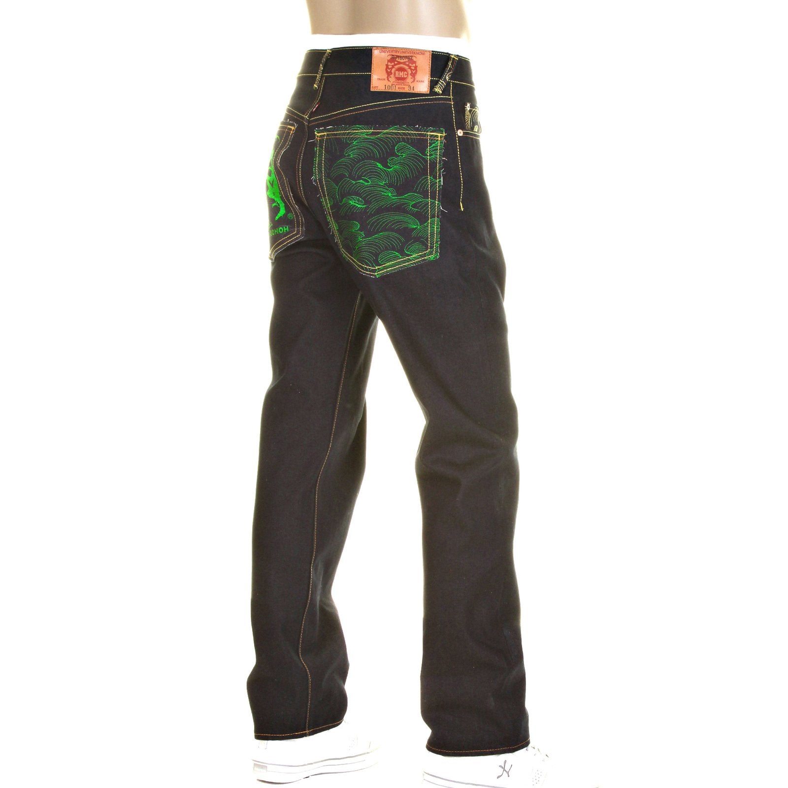 RMC JEANS GREEN LOGO AND TSUNAMI WAVE DARK INDIGO 11030 SLIMMER CUT RAW SELVEDGE DENIM JEANS REDM0096