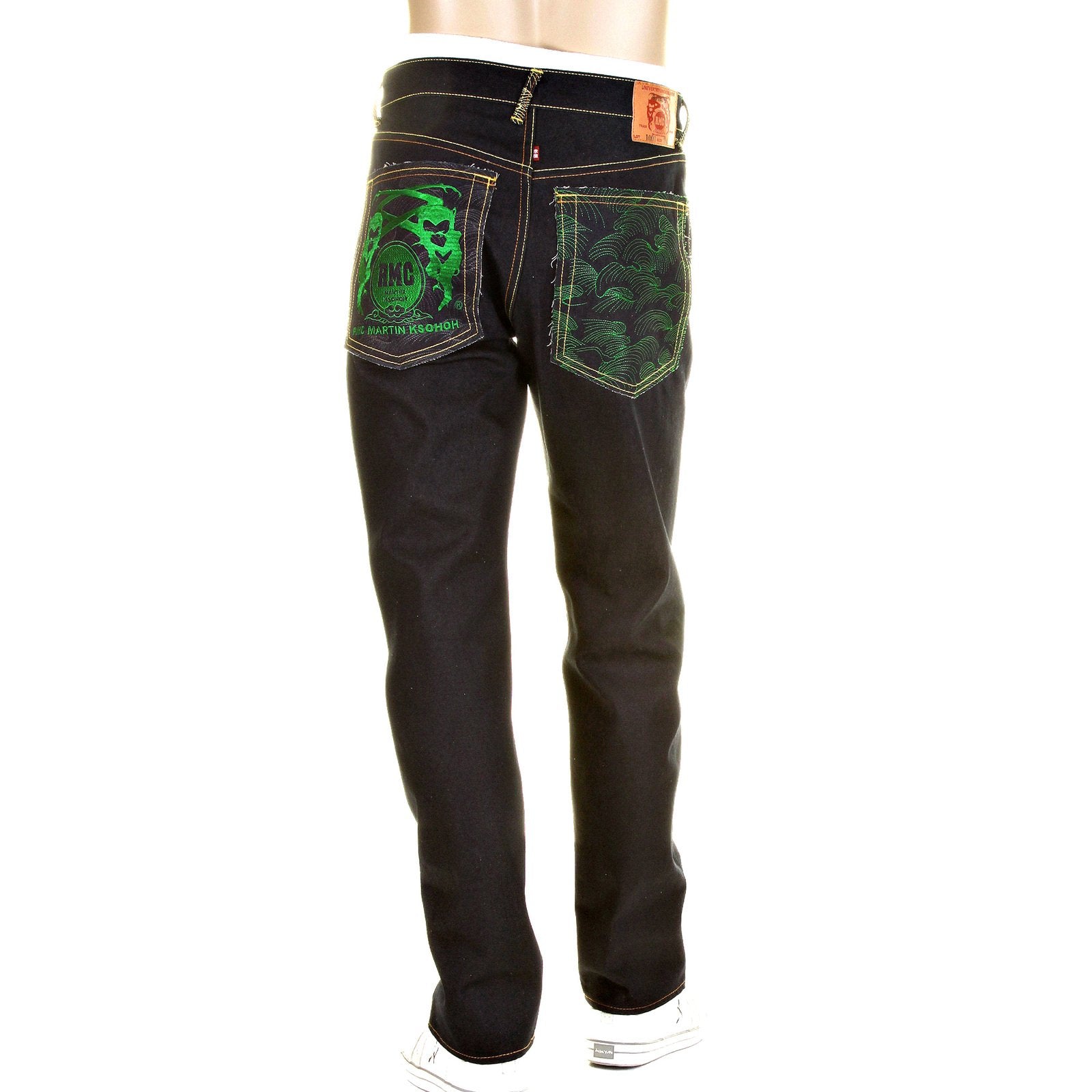 RMC JEANS GREEN LOGO AND TSUNAMI WAVE DARK INDIGO 11030 SLIMMER CUT RAW SELVEDGE DENIM JEANS REDM0096