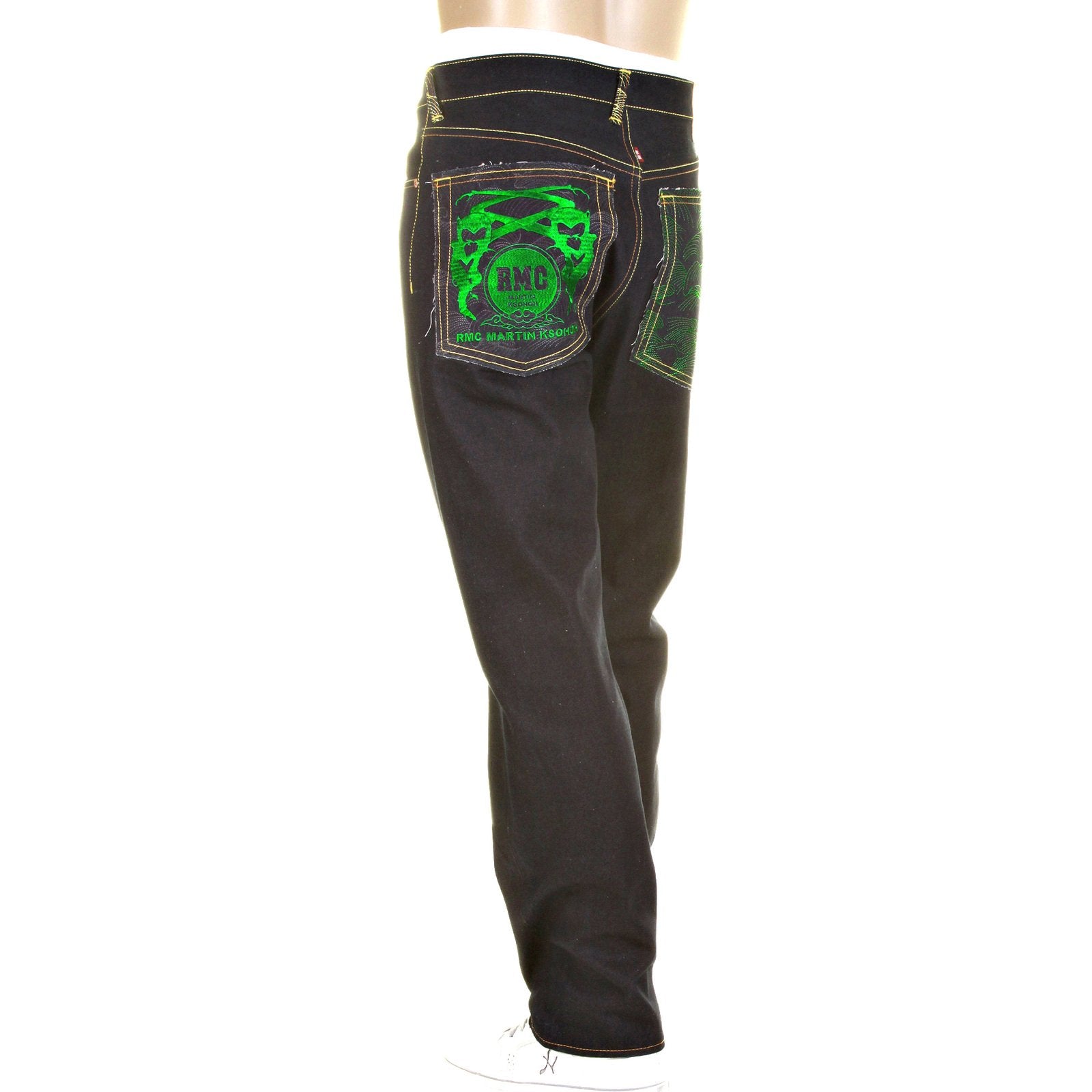 RMC JEANS GREEN LOGO AND TSUNAMI WAVE DARK INDIGO 11030 SLIMMER CUT RAW SELVEDGE DENIM JEANS REDM0096