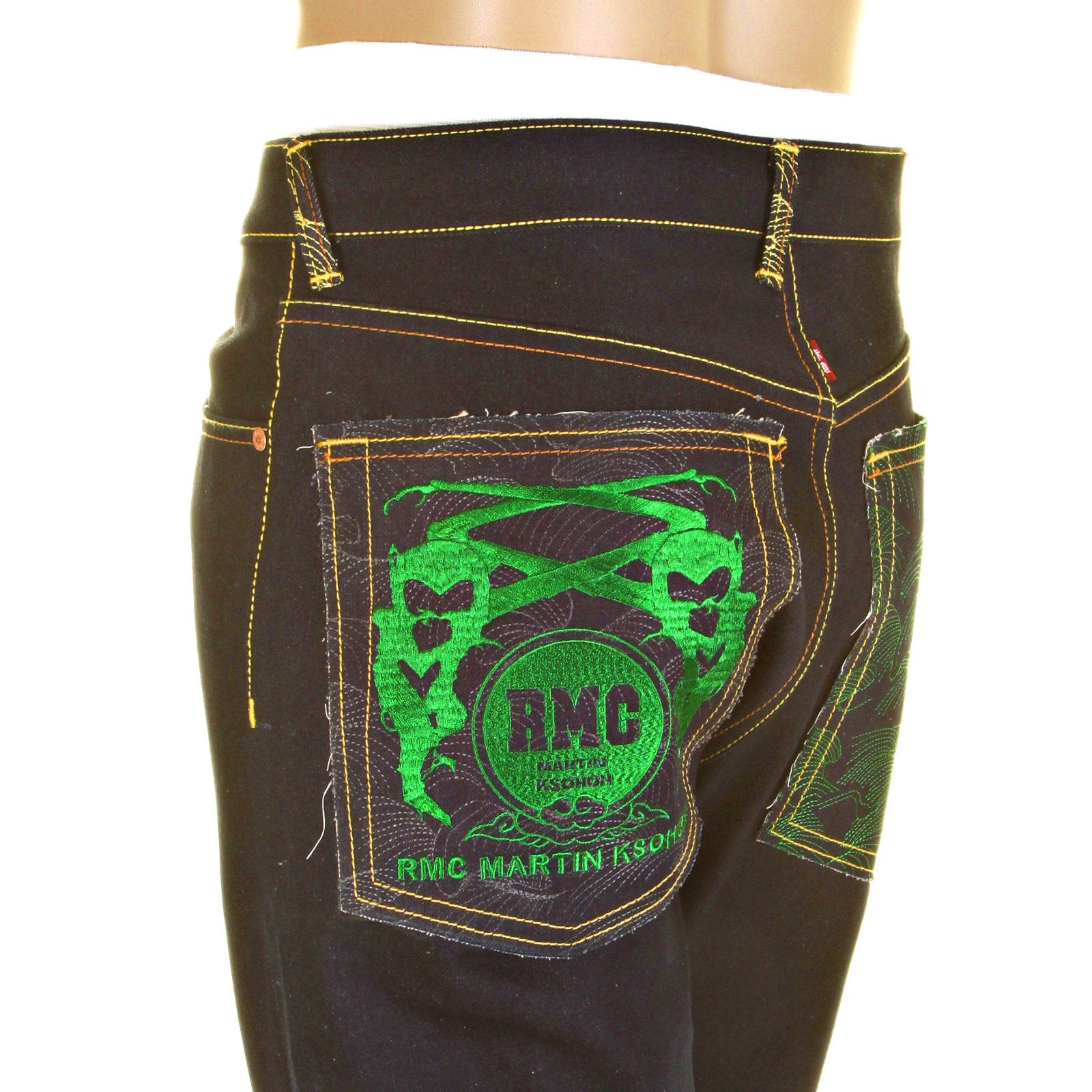 RMC JEANS GREEN LOGO AND TSUNAMI WAVE DARK INDIGO 11030 SLIMMER CUT RAW SELVEDGE DENIM JEANS REDM0096