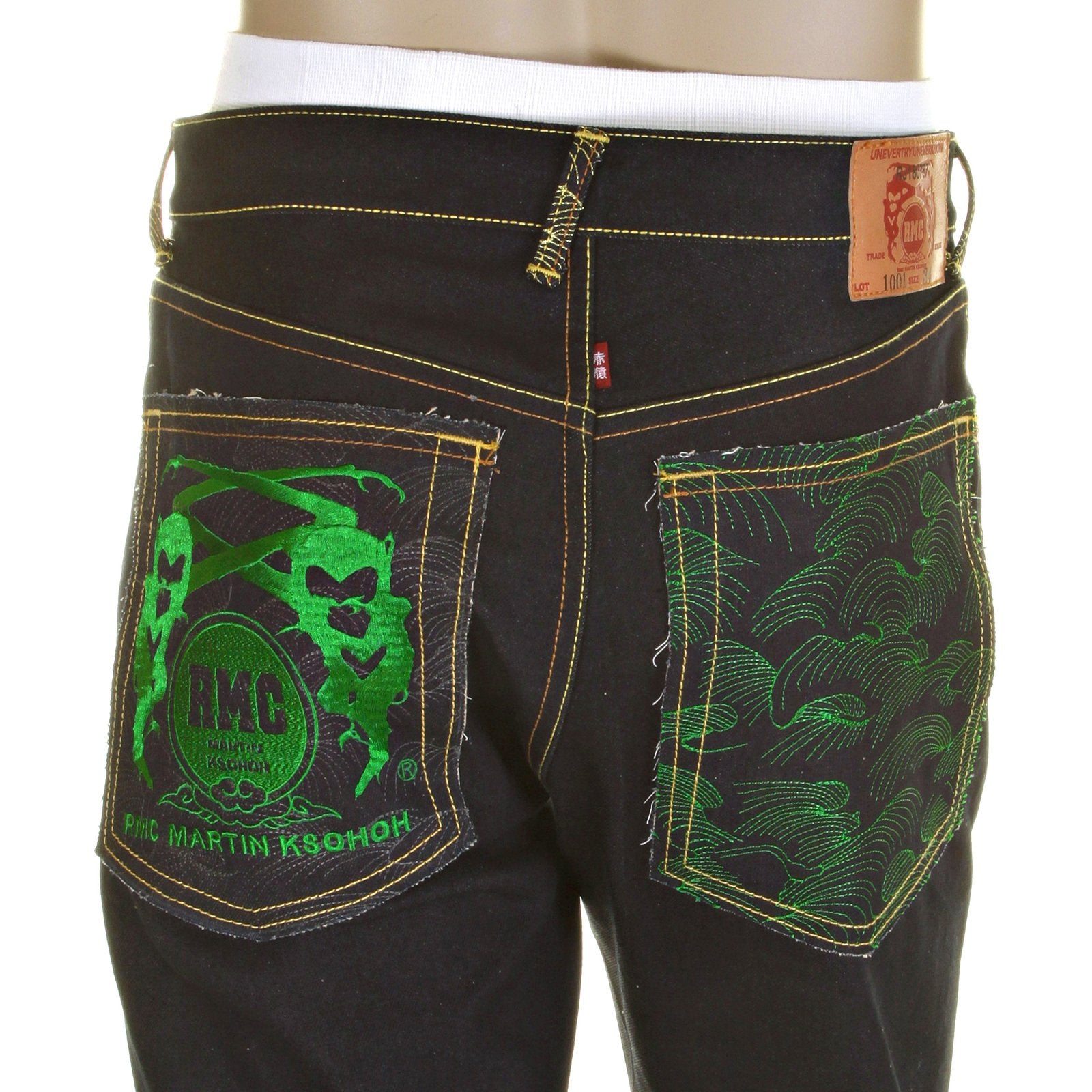 RMC JEANS GREEN LOGO AND TSUNAMI WAVE DARK INDIGO 11030 SLIMMER CUT RAW SELVEDGE DENIM JEANS REDM0096