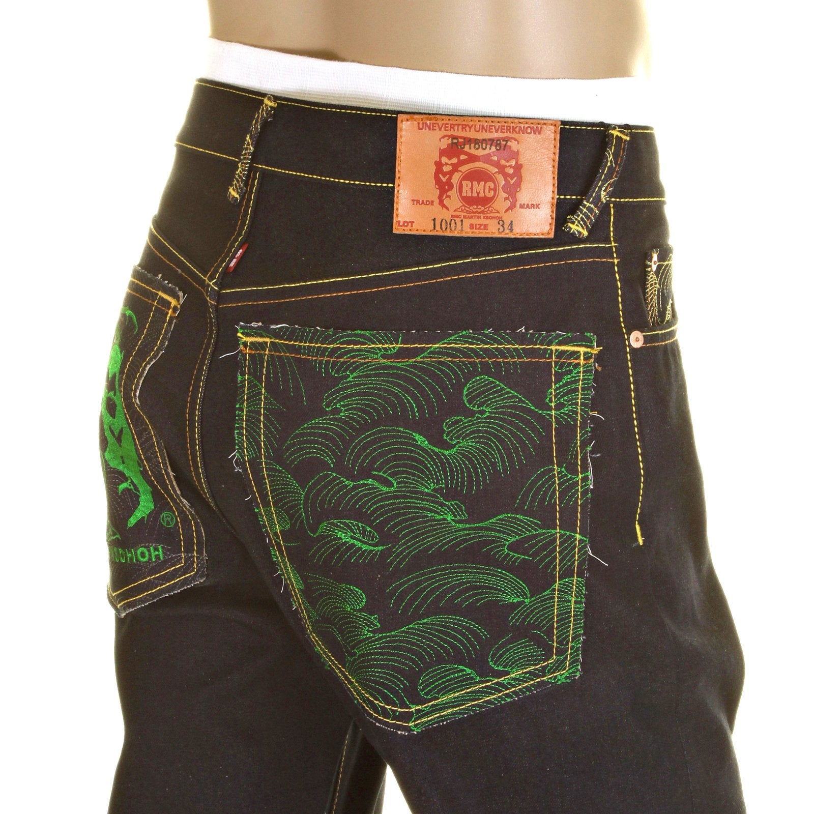 RMC JEANS GREEN LOGO AND TSUNAMI WAVE DARK INDIGO 11030 SLIMMER CUT RAW SELVEDGE DENIM JEANS REDM0096