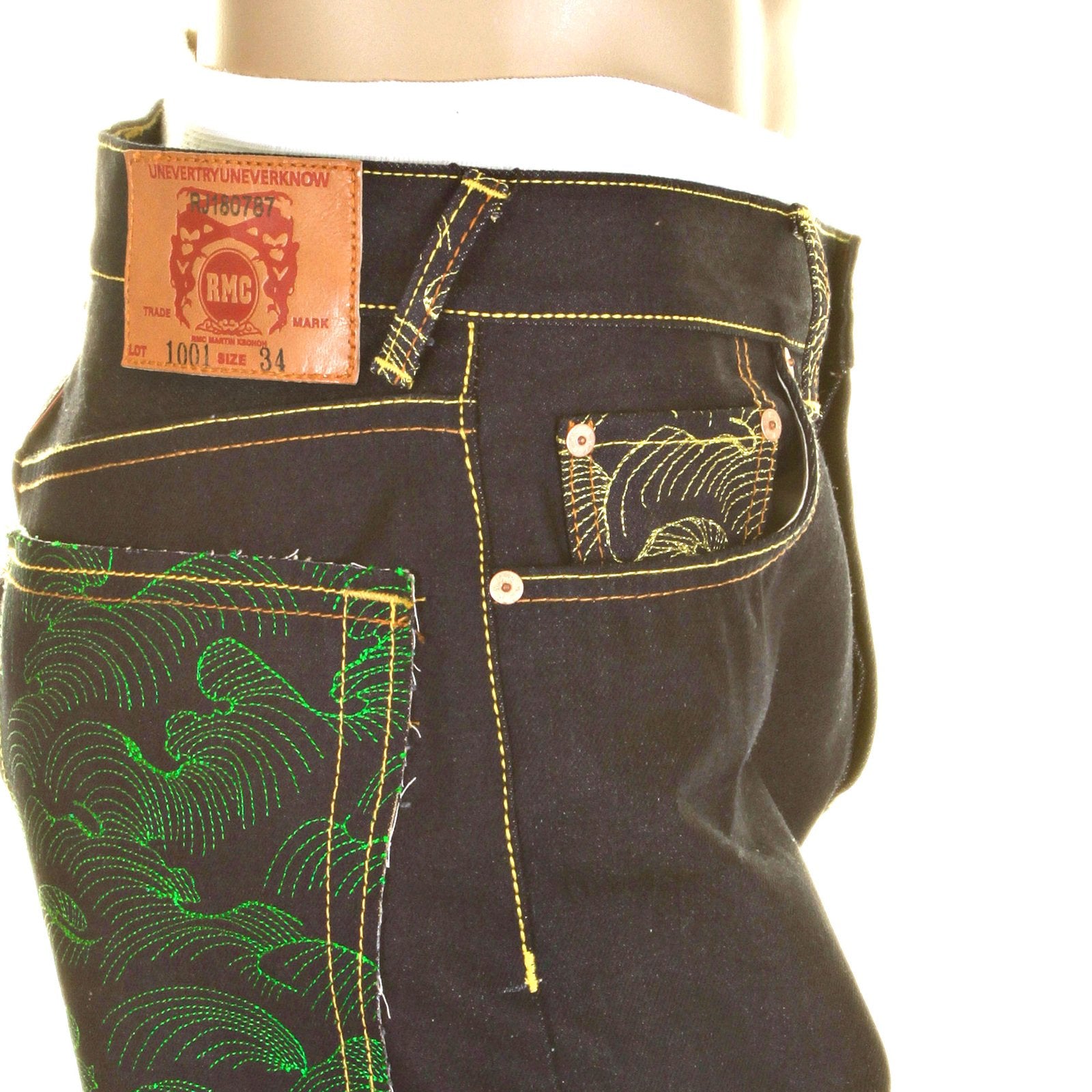 RMC JEANS GREEN LOGO AND TSUNAMI WAVE DARK INDIGO 11030 SLIMMER CUT RAW SELVEDGE DENIM JEANS REDM0096