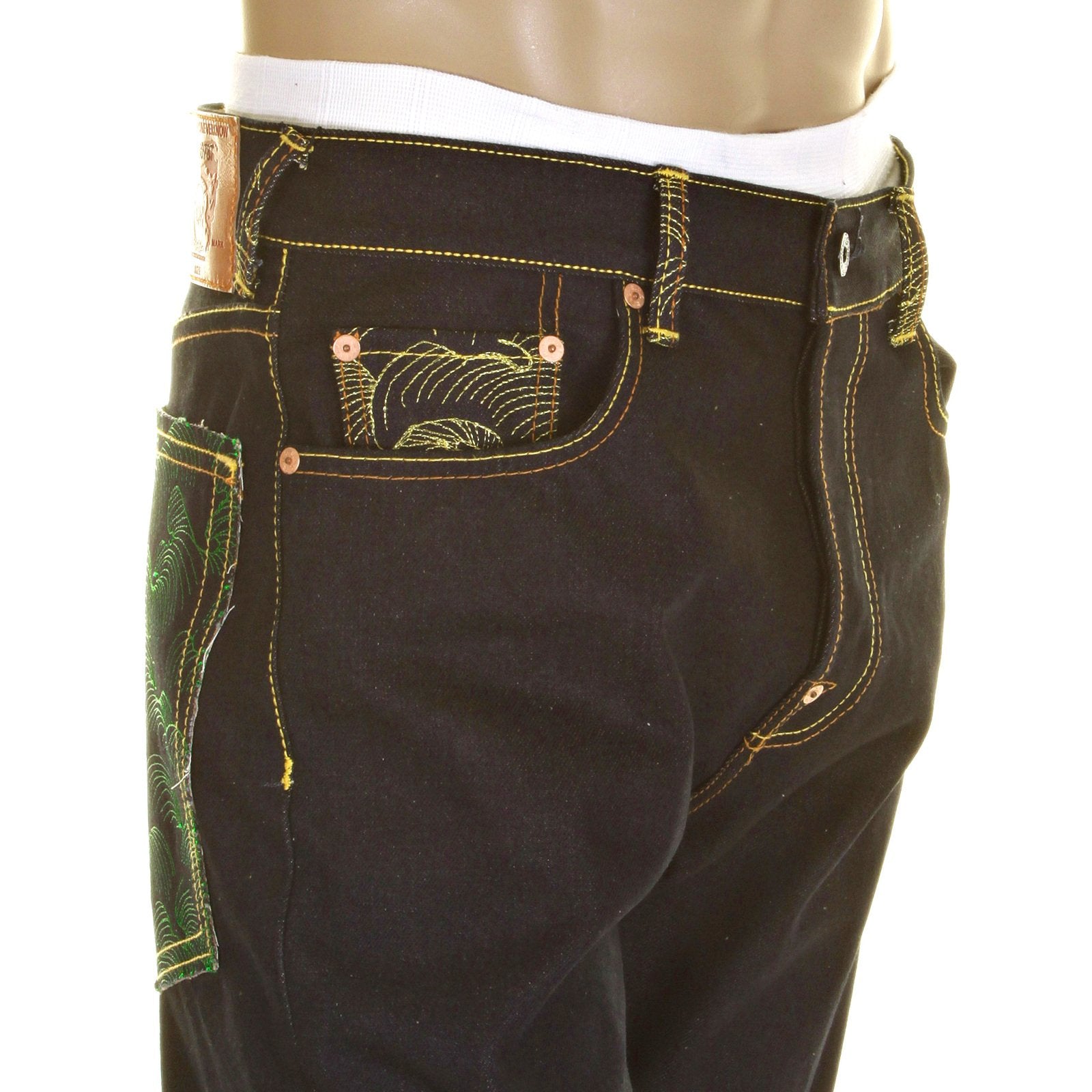 RMC JEANS GREEN LOGO AND TSUNAMI WAVE DARK INDIGO 11030 SLIMMER CUT RAW SELVEDGE DENIM JEANS REDM0096